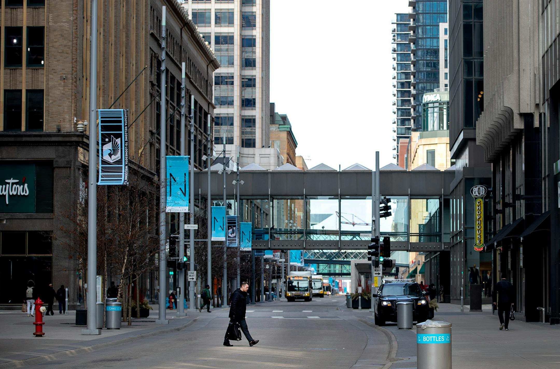 A normally busy Nicollet Mall in downtown Minneapolis had much less pedestrian traffic on Tuesday.