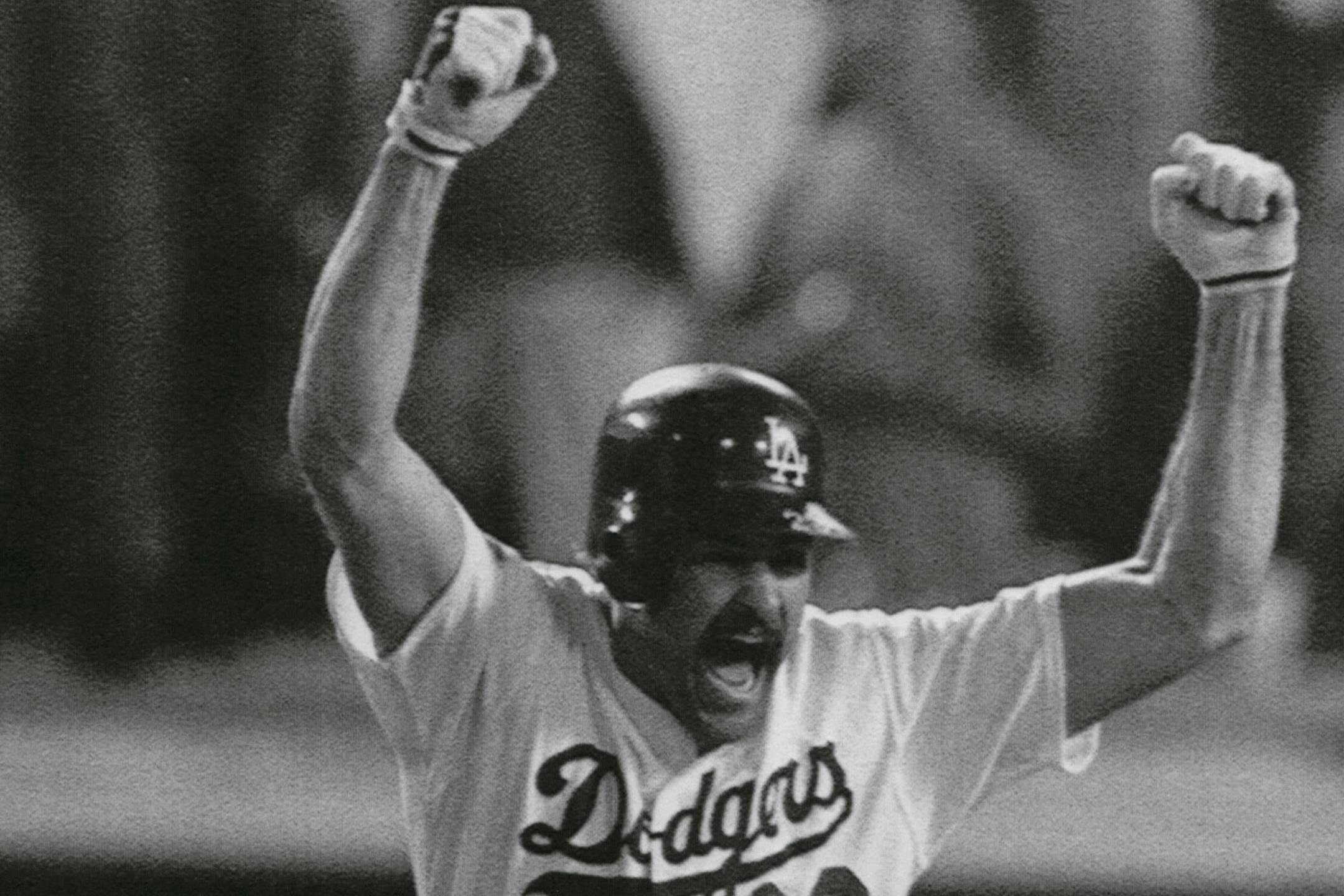 Los Angeles Dodgers' pro baseball player Kirk Gibson reacts to his game-winning two-run home run in the bottom of the 9th inning as he rounds the bases on Oct. 15, 1988, against the Oakland A's to give the Dodgers a 5-4 victory in the first game of the 1988 World Series. Associated Press (AP) photo by John Swart. ORG XMIT: MIN2013101519391805