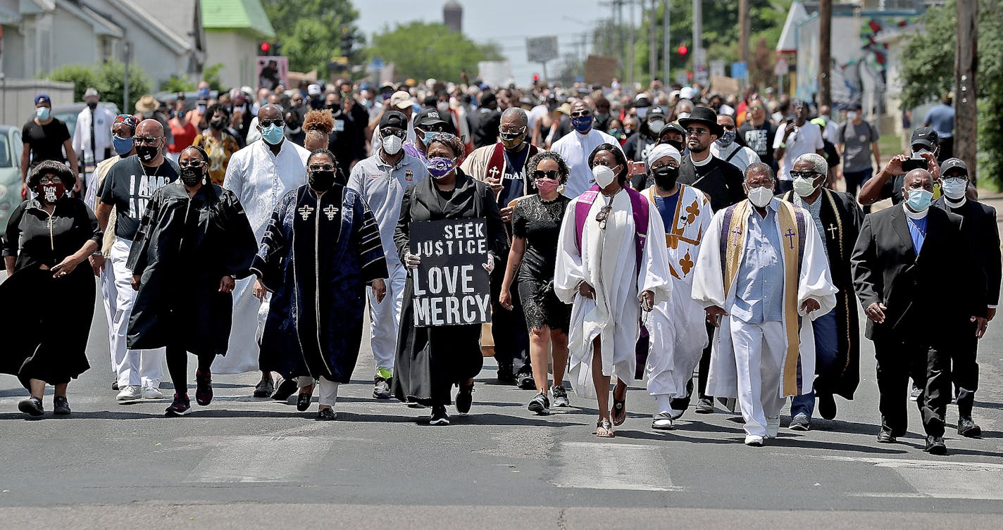 Clergy of color lead other clergy members during a Silent Clergy March from Sabathani Community Center down 38th St. to Cup Foods and the George Floyd Memorial for prayers and then a march back to Sabathani.Tuesday, June 2, 2020, in Minneapolis, MN.] DAVID JOLES • david.joles@startribune.com Latest on the death of George Floyd.