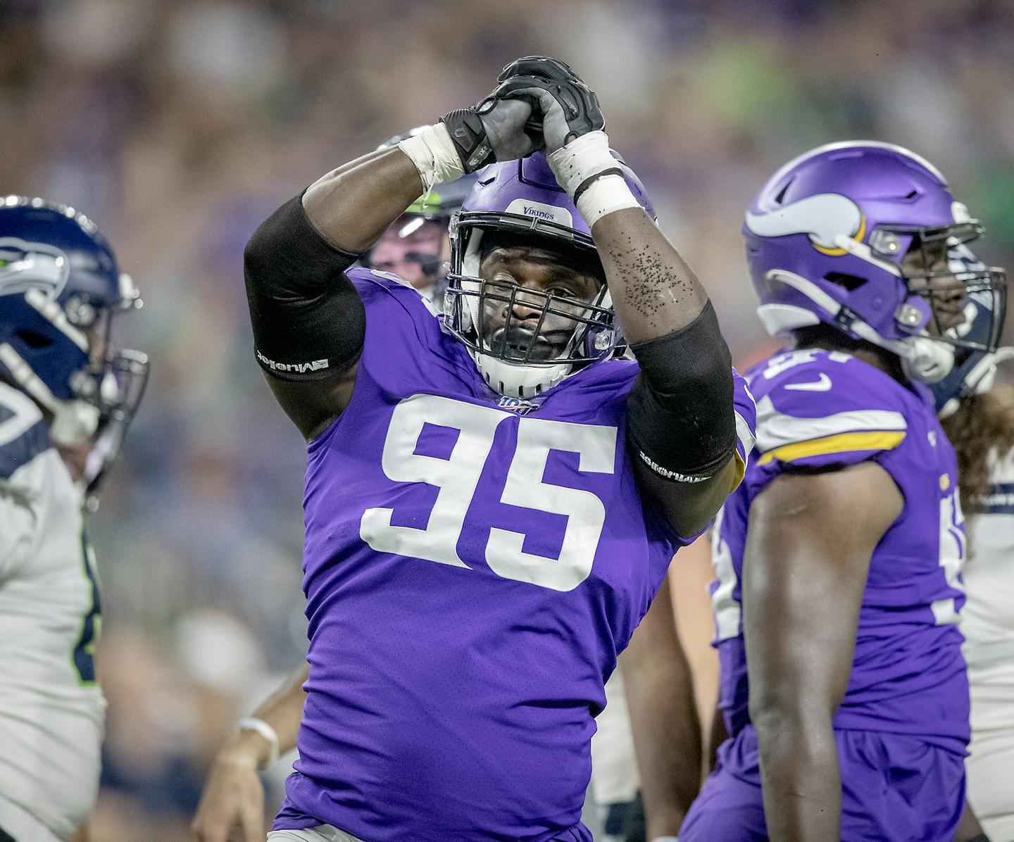 Vikings defensive end Ifeadi Odenigbo celebrated during the pre-season matchup between the Minnesota Vikings and the Seattle Seahawks at US Bank Stadium, Sunday, August 18, 2019 in Minneapolis, MN. ] ELIZABETH FLORES &#x2022; liz.flores@startribune.com