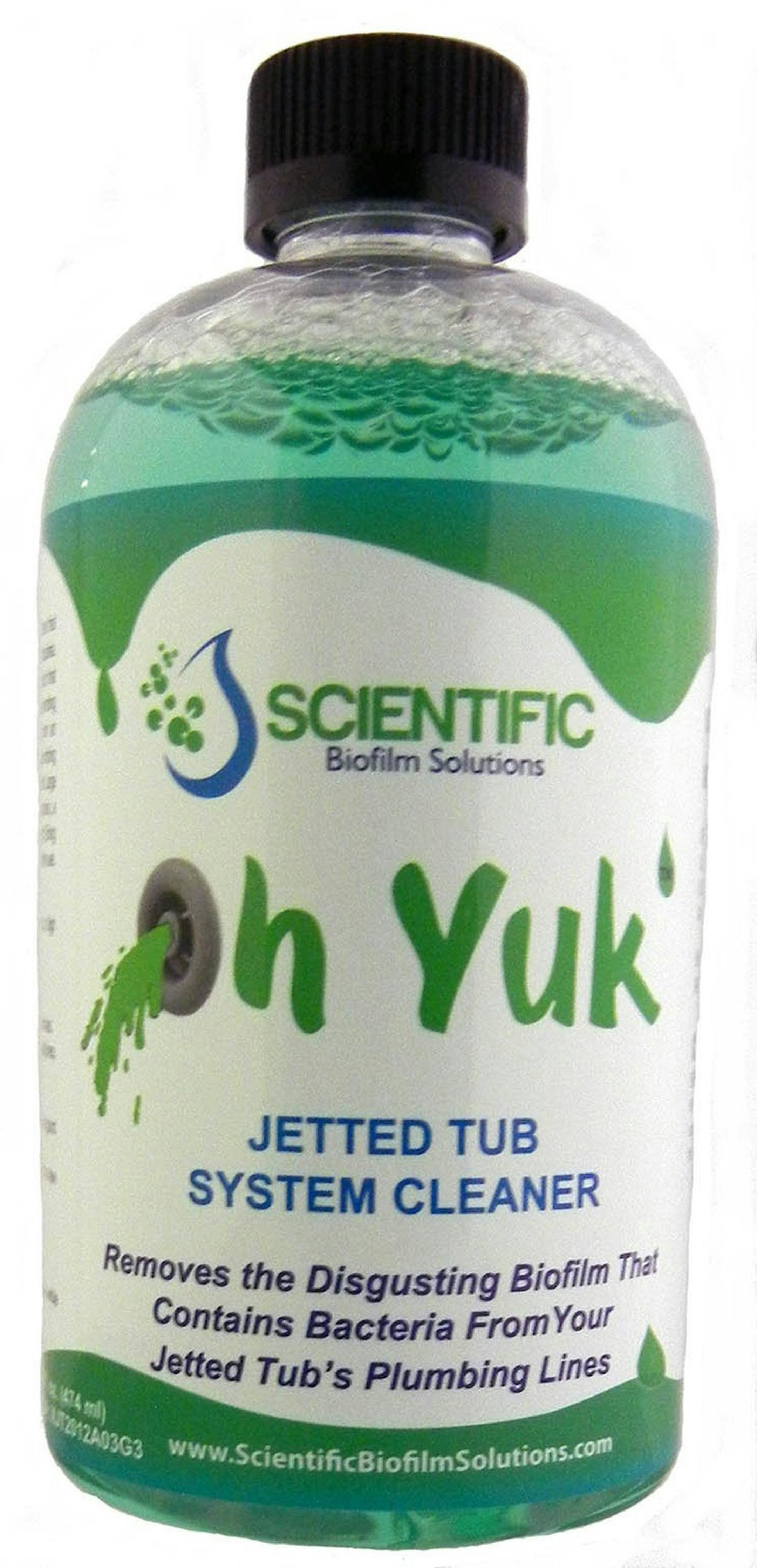 Oh Yuk is formulated to clean bacteria, mold and slimy gunk called biofilm from jetted bathtub plumbing lines.The cleaner targets the buildup that forms in the plumbing lines under the tub, where warm water tends to stagnate. (Akron Beacon Journal/MCT) ORG XMIT: 1144404