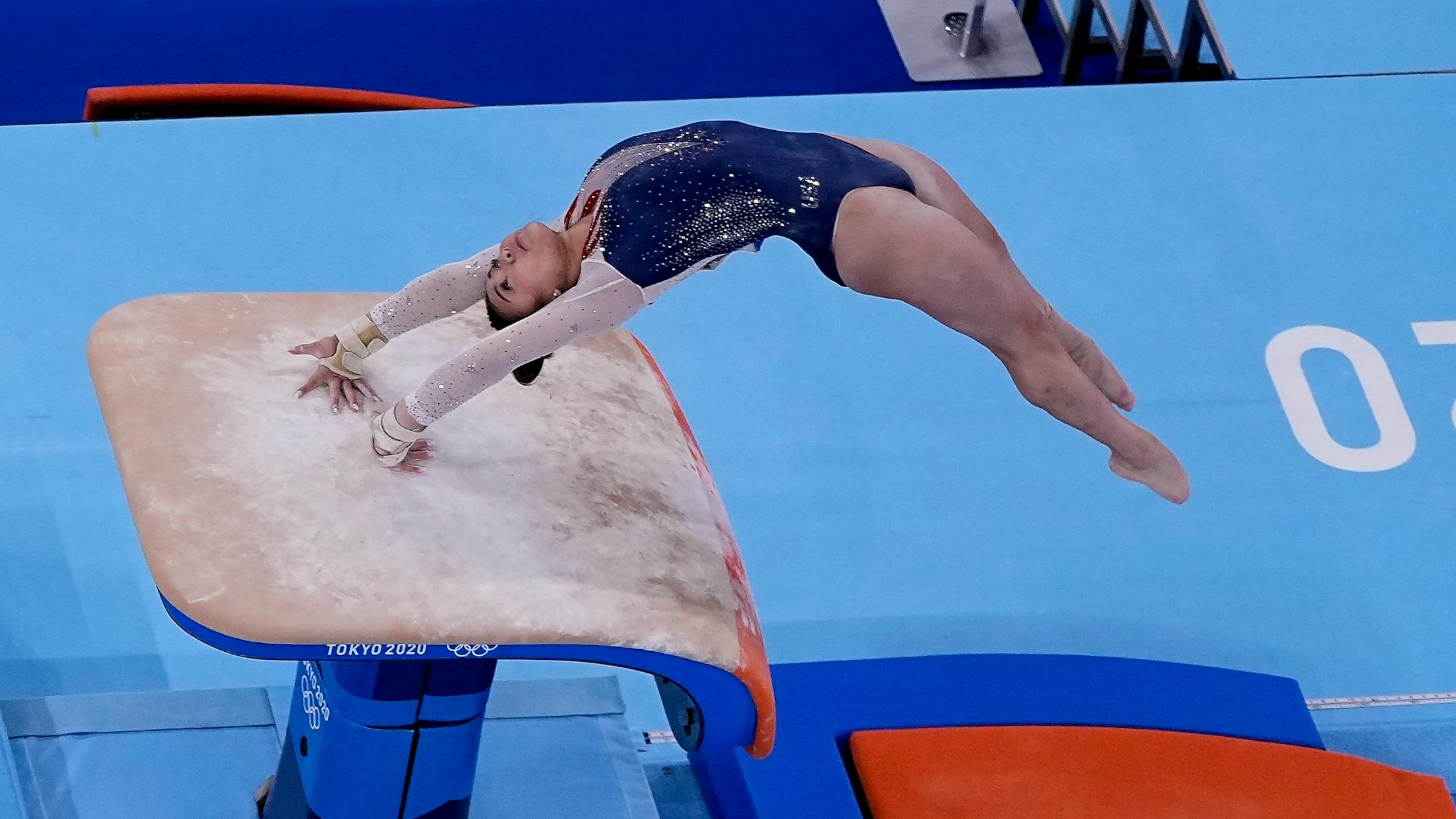 Suni Lee, of the United States, performs on the vault during the artistic gymnastics women's all-around final at the 2020 Summer Olympics, Thursday, July 29, 2021, in Tokyo. (AP Photo/Morry Gash)