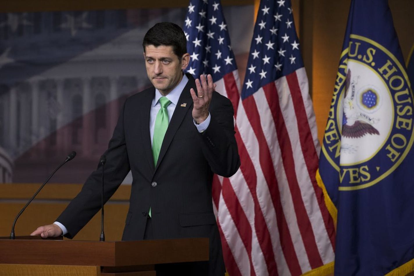 House Speaker Paul Ryan holds a weekly news conference, on Capitol Hill in Washington, April 28, 2016. Afterwards, children of press corps members took a photo with Ryan on �Take Our Daughters and Sons to Work Day."