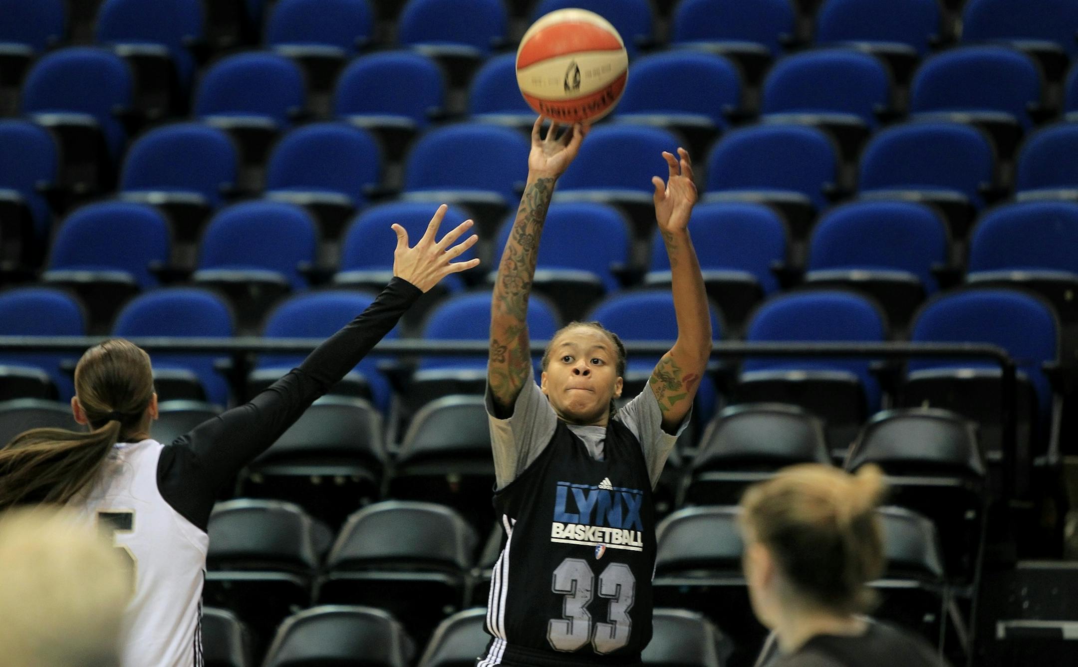 Seimone Augustus went up for a shot during Tuesday's shootaround at Target Center.