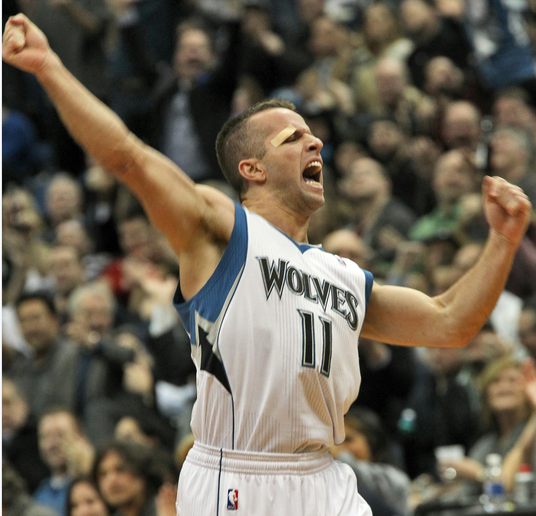 Minnesota Timberwolves vs. Oklahoma Thunder. wolves won 99-93. Wolves J.J. Barea celebrated after he hit one of his three-pointers late in the game helping Minnesota edge toward the victory. (MARLIN LEVISON/STARTRIBUNE(mlevison@startribune.com (cq - all names program)
