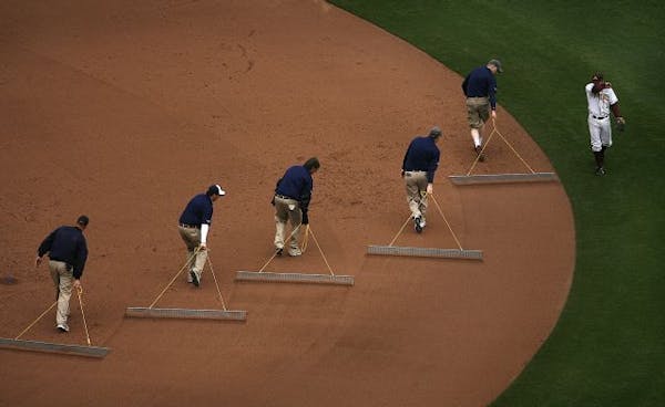 University of Minnesota second baseman AJ Pettersen walked to his position as groundskeepers teamed up to groom the infield at Target field during a g