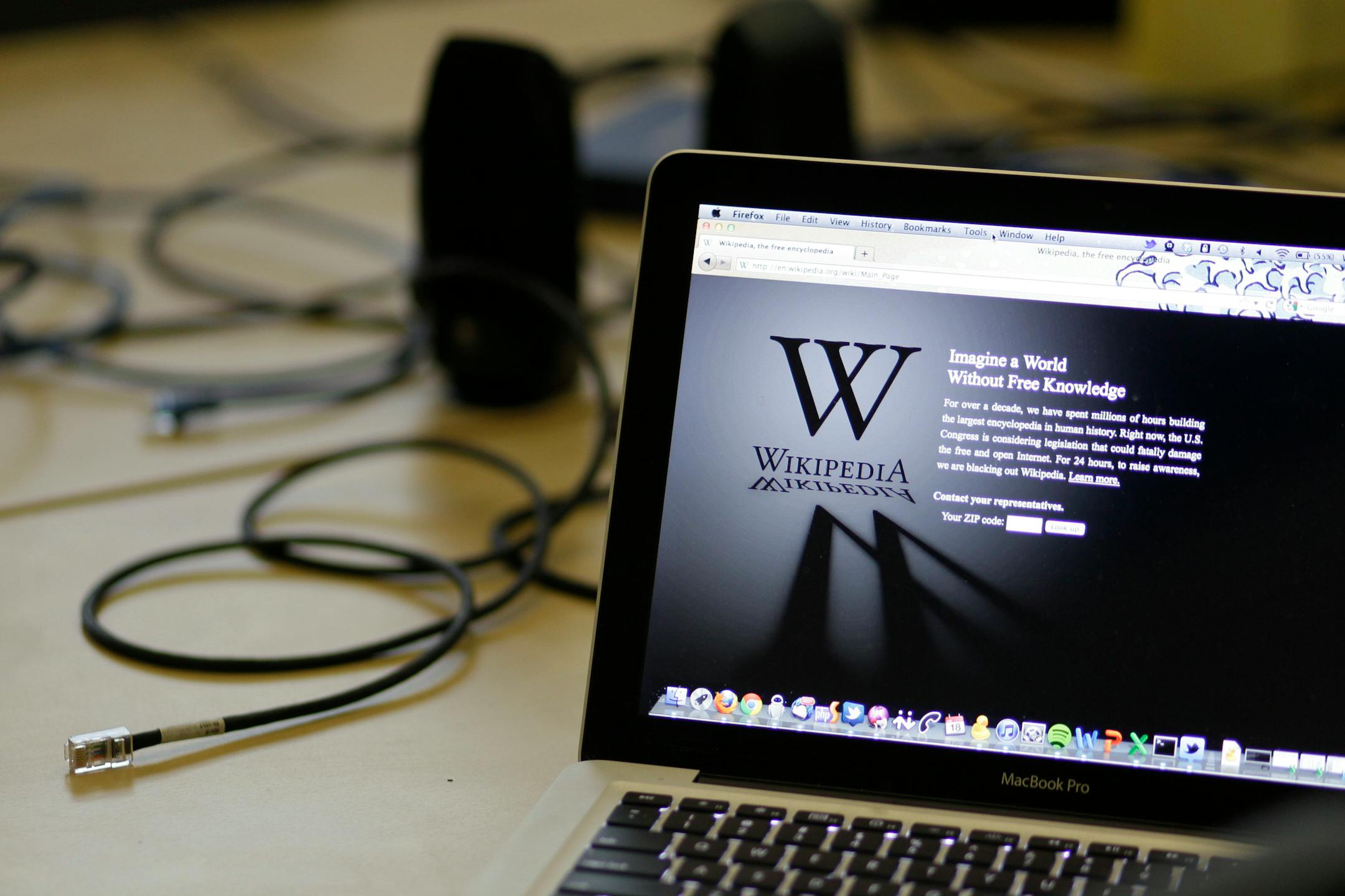 A blackout landing page is displayed on a laptop computer screen inside the "Anti-Sopa War Room" at the offices of the Wikipedia Foundation in San Francisco, Wednesday, Jan. 18, 2012. January 18 is a date that will live in ignorance, as Wikipedia started a 24-hour blackout of its English-language articles, joining other sites in a protest of pending U.S. legislation aimed at shutting down sites that share pirated movies and other content. The Internet companies are concerned that the Stop Online