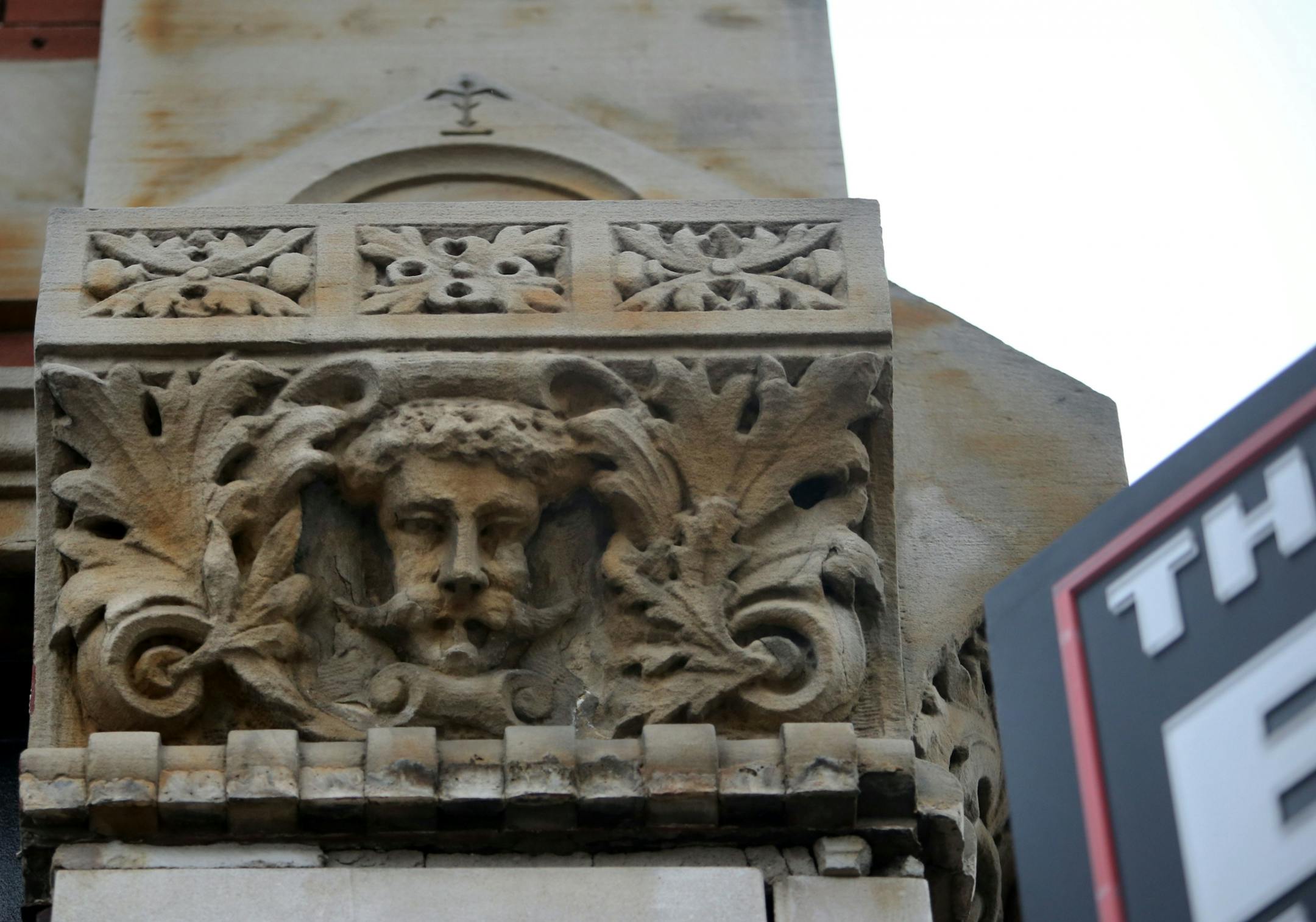 Decorative detail on the former IOOF building at the corner 4th & Hennepin NE that now houses the Bulldog Bar and seen Friday, April 24, 2015, in Minneapolis, MN.