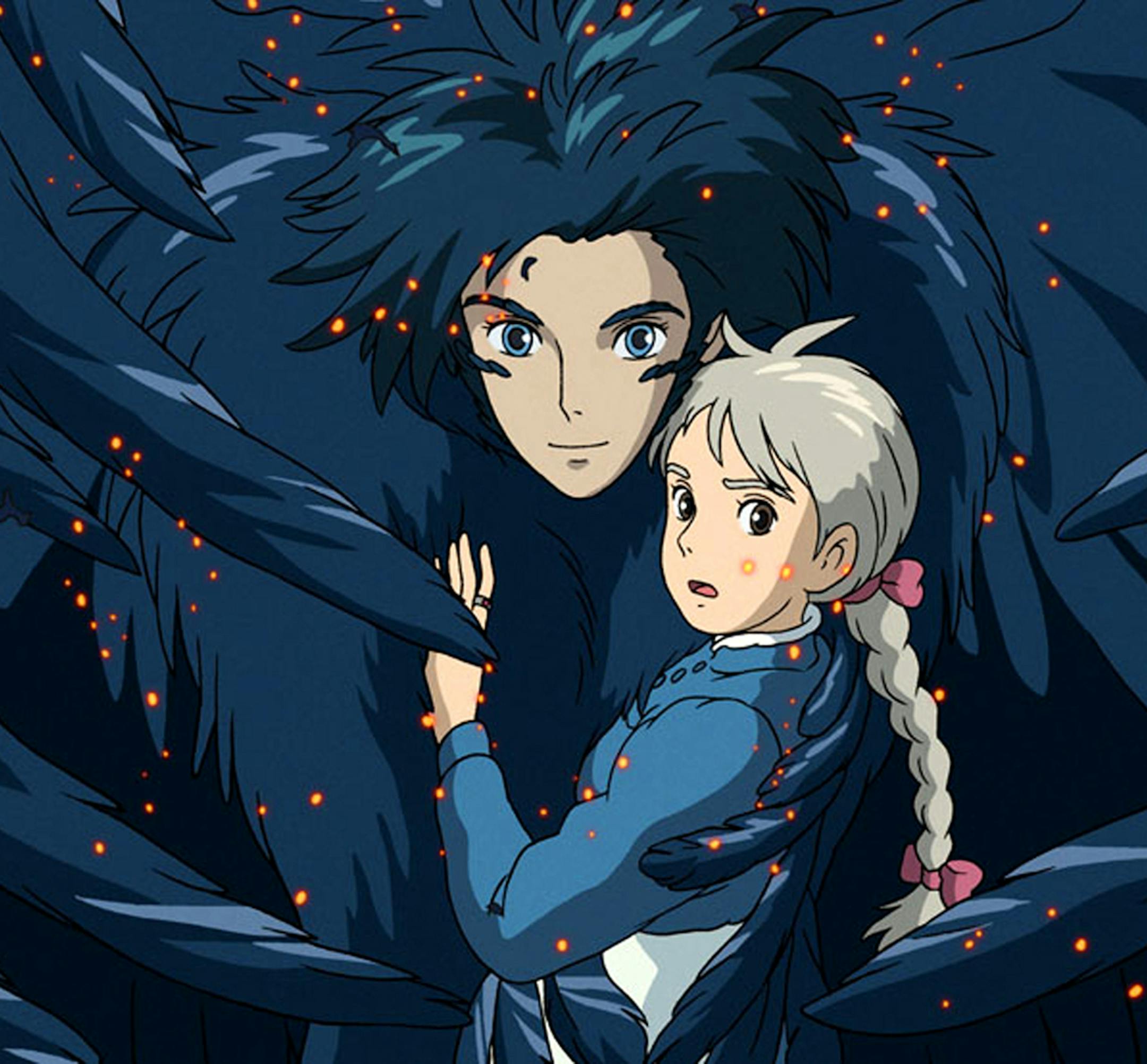 In this image provided by Walt Disney Pictures, the dark and mysterious wizard Howl (left) transforms into a birdlike warrior figure in order to protect Sophie (right) - a teenage girl who has been turned into a 90-year-old woman - and fight off the attackers in "Howl's Moving Castle." (AP Photo/Walt Disney Pictures) ORG XMIT: NYET684