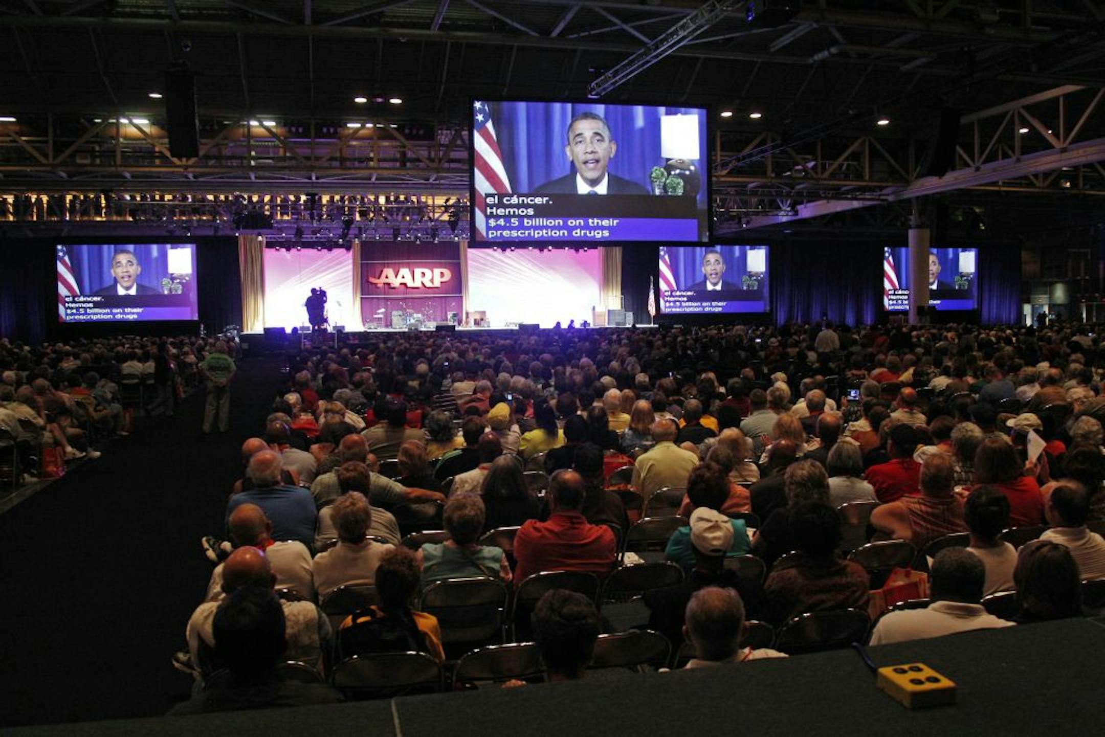 President Barrack Obama addresses the AARP convention via satellite in New Orleans Friday, Sept. 21, 2012.