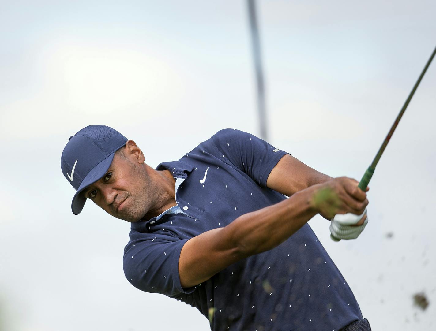 Tony Finau tees off on the fourth hole during the first round of the 3M Open golf tournament in Blaine, Minn., Thursday, July 23, 2020. (AP Photo/Andy Clayton- King)