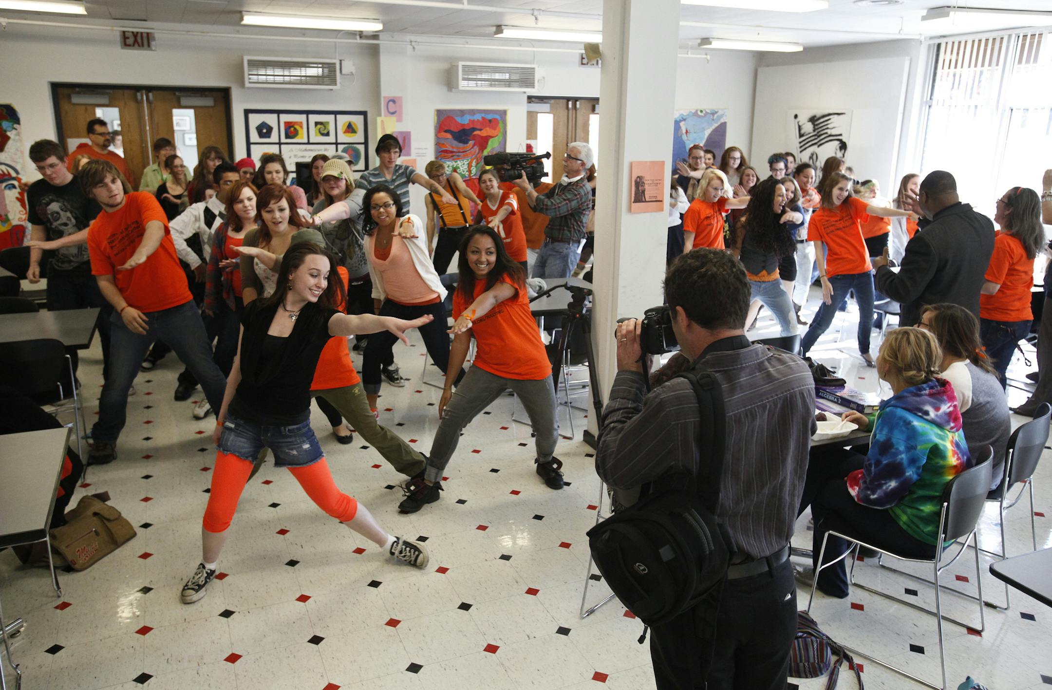 Hannah Johnson, a senior, front left, joined a couple dozen students from the Perpich Center for Arts Education who danced in unison to celebrate Unity Dance Day and make a statement against bullying through positive actions in Golden Valley, MN. Wednesday, Oct. 26, 2011.] - Golden Valley, MN DAVID JOLES*djoles@startribune.com - A couple dozen students from the Perpich Center for Arts Education danced in unison to celebrate Unity Dance Day and make a statement against bullying through positive a