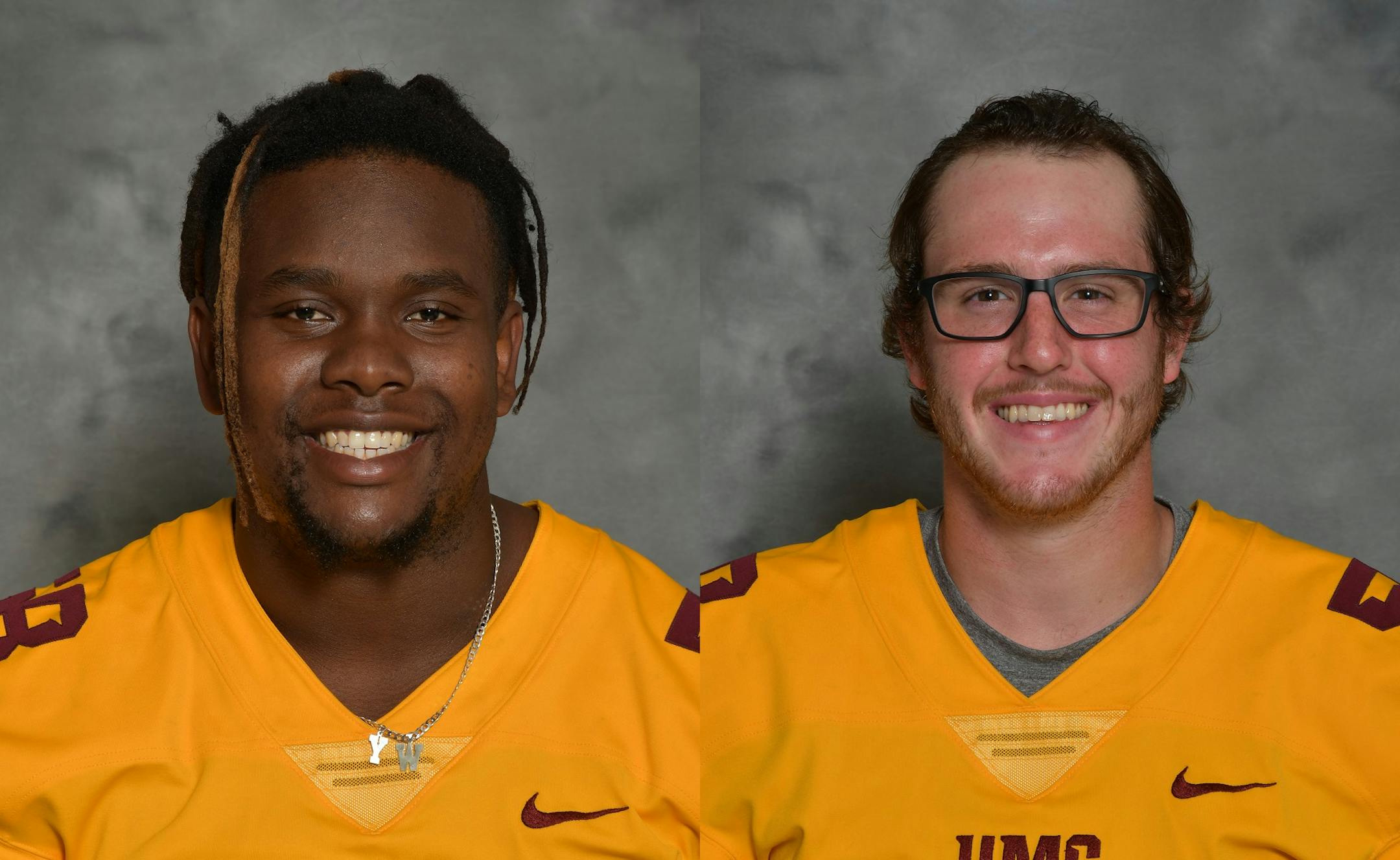 Minnesota Crookston football players Joe Warner, left, and Will Cross.