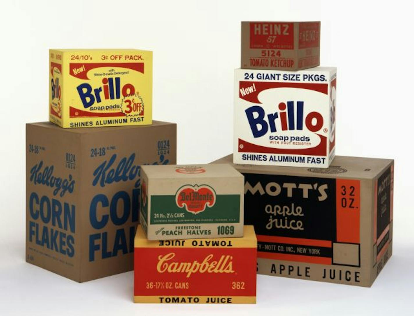 Andy Warhol's 1964 grocery boxes look like the real thing, but are simulations screen-printed onto carefully crafted wooden boxes.