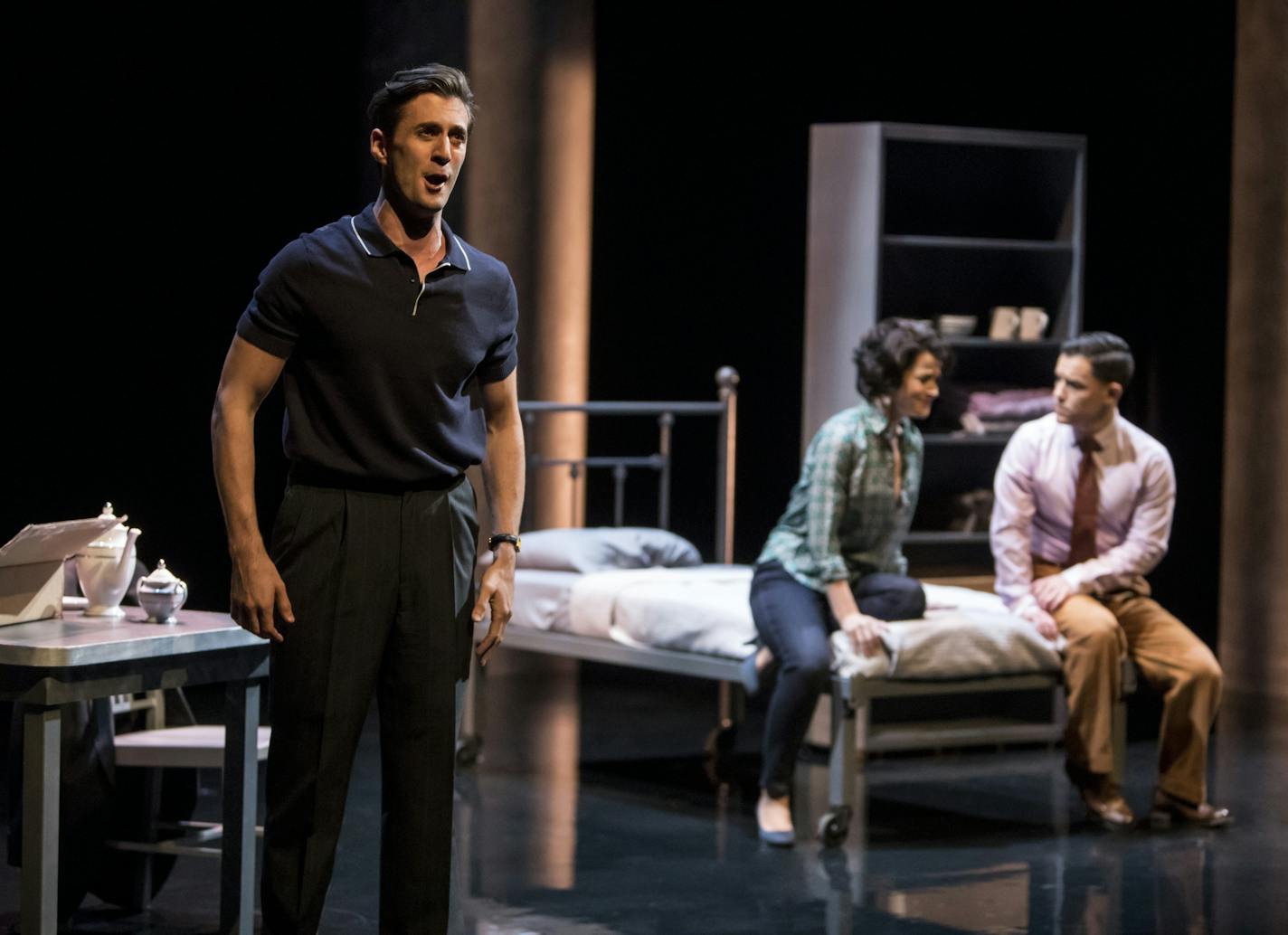 Hadleigh Adams as Hawkins Fuller, Adriana Zabala as Mary Johnson, and Andres Acosta as Timothy Laughlin in the Minnesota Opera production of "Fellow Travelers." Photo by Dan Norman