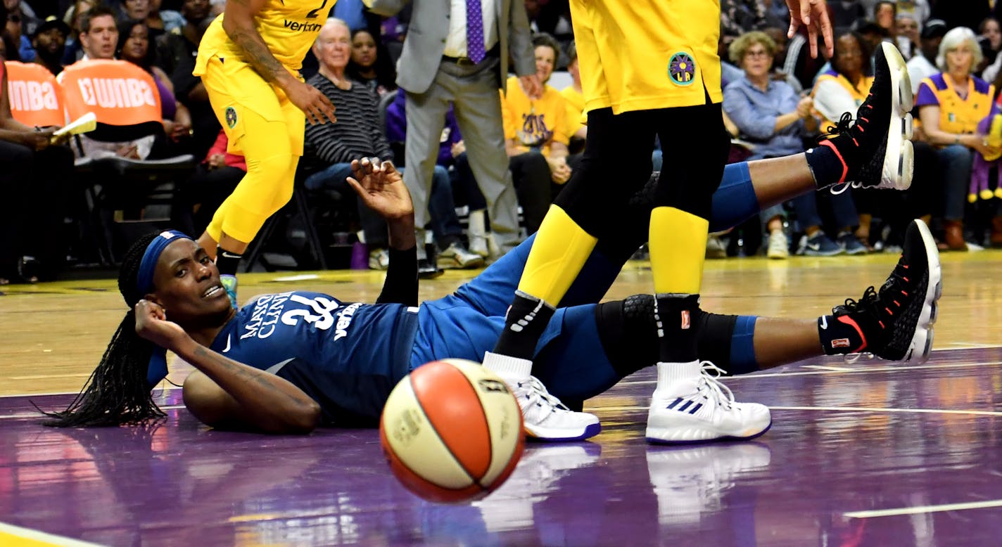 Lynx center Sylvia Fowles eyes the ball after turning it over to the Los Angeles Sparks in the second half