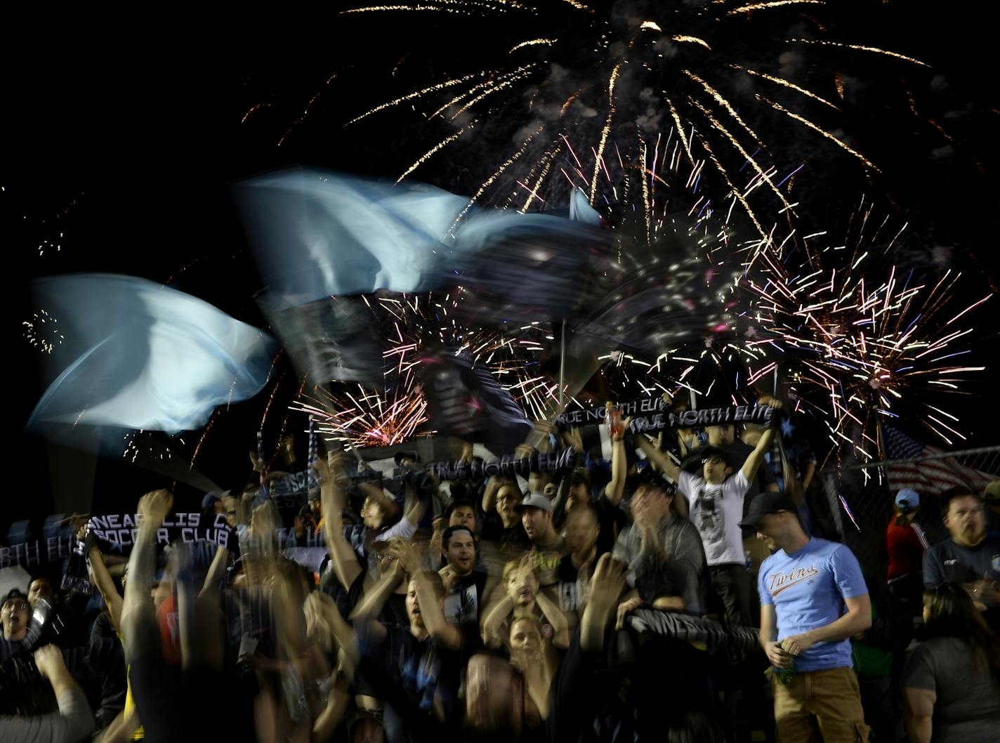 Minnesota United FC fans celebrated their 3-0 victory over the Fort Lauderdale Strikers earlier this season. The team currently plays home games as a North American Soccer League franchise at the National Sports Center in Blaine.