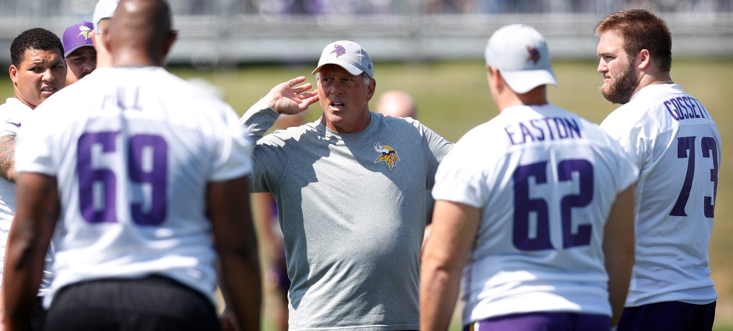 Clancy Barone gave instruction to Vikings linemen during a Saturday morning practice. He and Andrew Janocko are taking over for the late Tony Sparano as co-offensive line coaches only five weeks before Week 1.