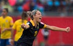 Australia's Kyah Simon celebrated after scoring against Brazil during second-half of Sunday's Women's World Cup match in Moncton, New Brunswick. Simon