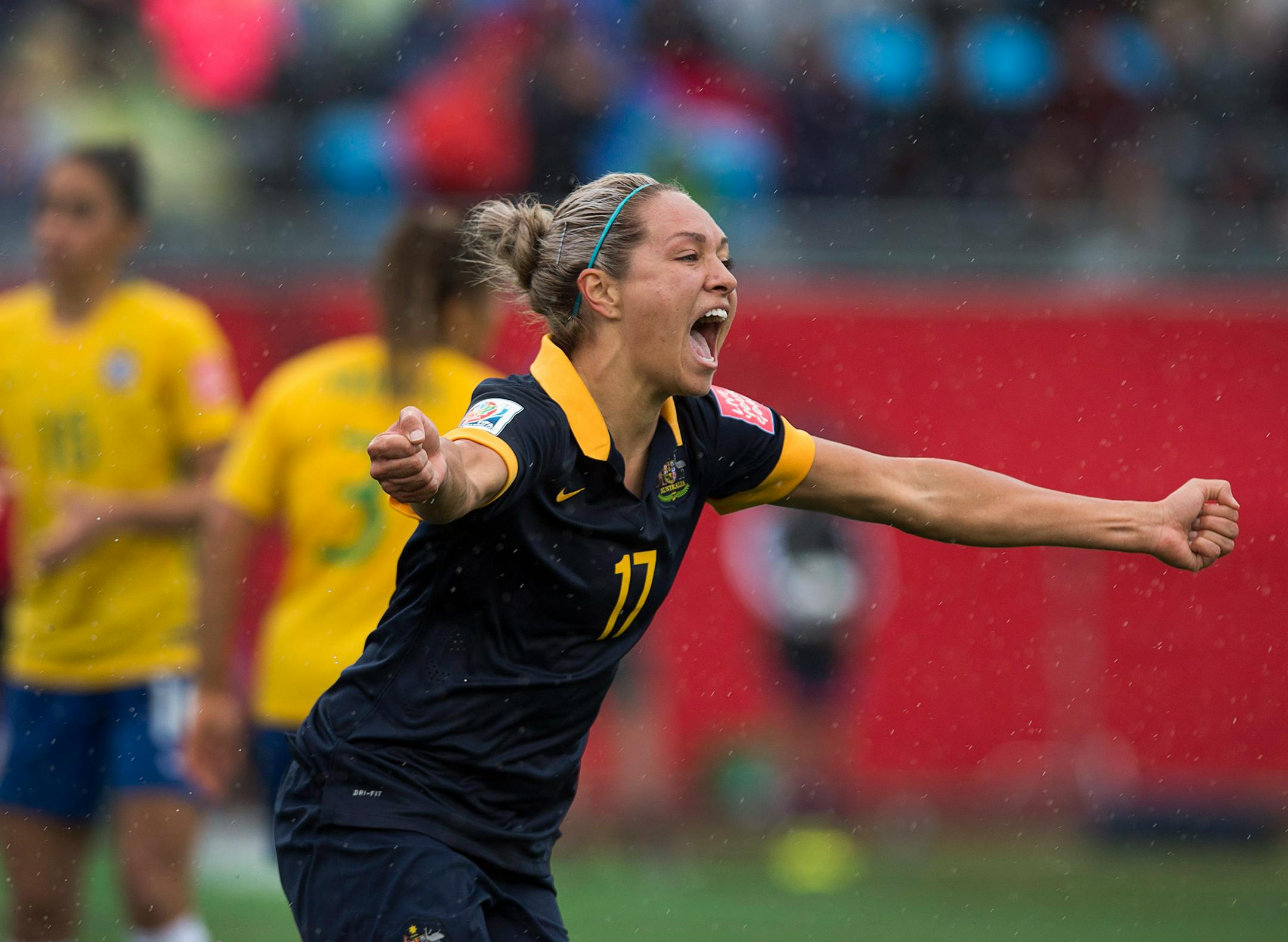 Australia's Kyah Simon celebrated after scoring against Brazil during second-half of Sunday's Women's World Cup match in Moncton, New Brunswick. Simon's goal gave Australia a 1-0 victory and a spot in the quarterfinals.