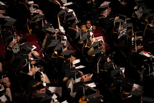 University of Minnesota students sit for the College of Liberal Arts’ graduation ceremony on May 12, 2024, in Minneapolis.