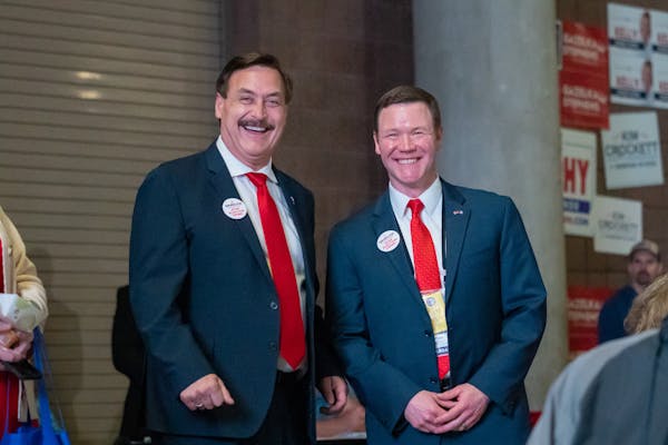 MyPillow CEO Mike Lindell, left, appeared at the Minnesota state Republican convention in 2022 with Doug Wardlow, then running for attorney general.