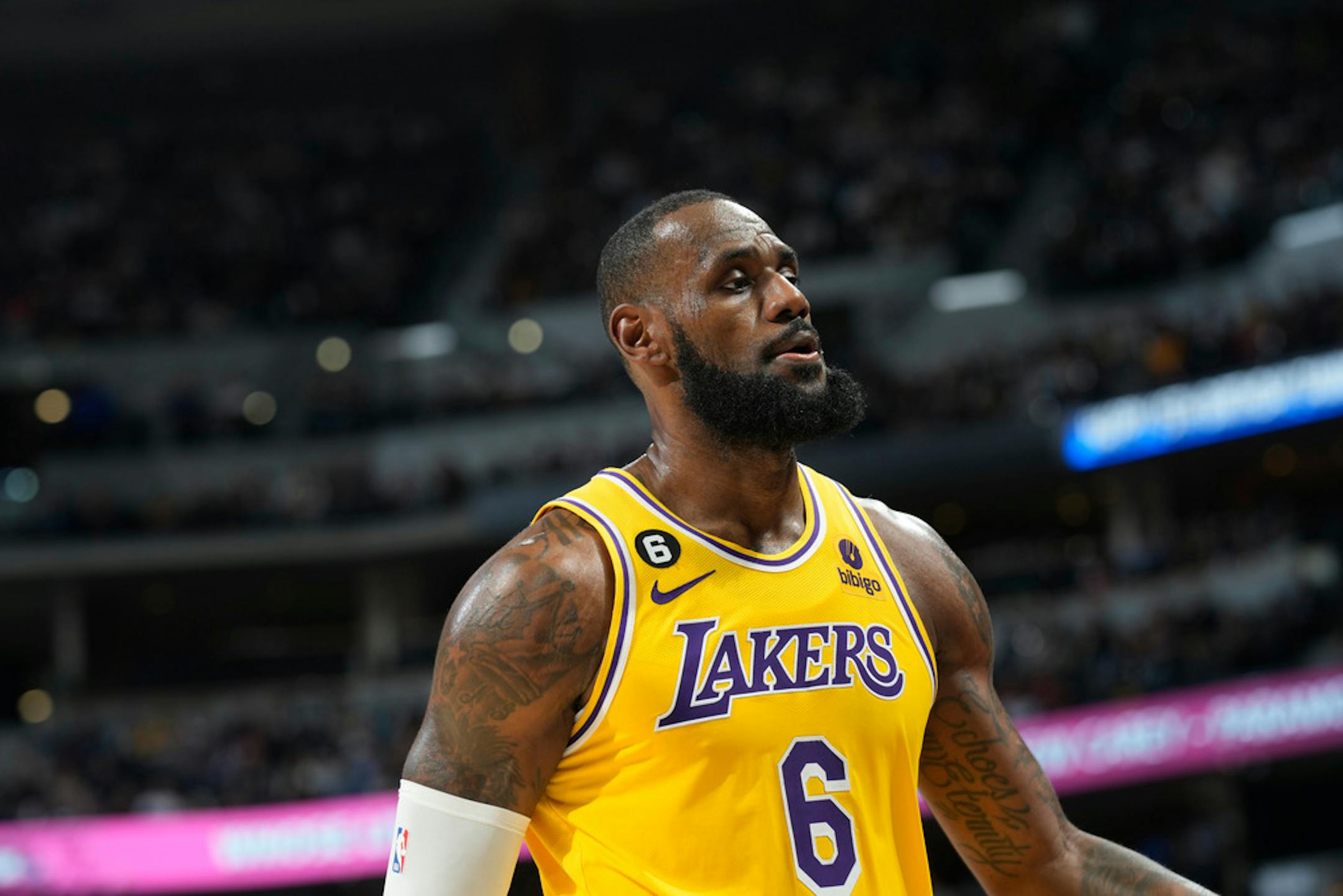 Los Angeles Lakers forward LeBron James (6) in the second half of an NBA basketball game Wednesday, Oct. 26, 2022, in Denver. (AP Photo/David Zalubowski)