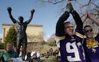 Luke Oleson, of Minneapolis, and Joe Frederickson, of Plymouth, did the "Skol" chant by the Rocky Balboa statue in Philadelphia.