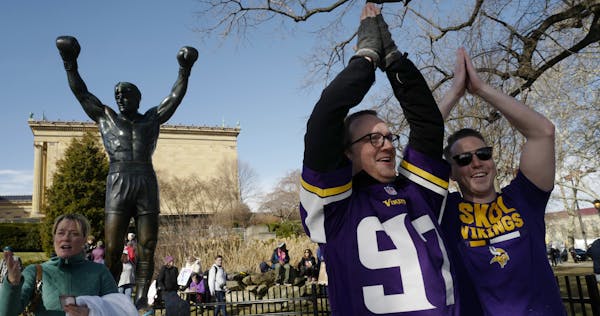 Luke Oleson, of Minneapolis, and Joe Frederickson, of Plymouth, did the "Skol" chant by the Rocky Balboa statue in Philadelphia.