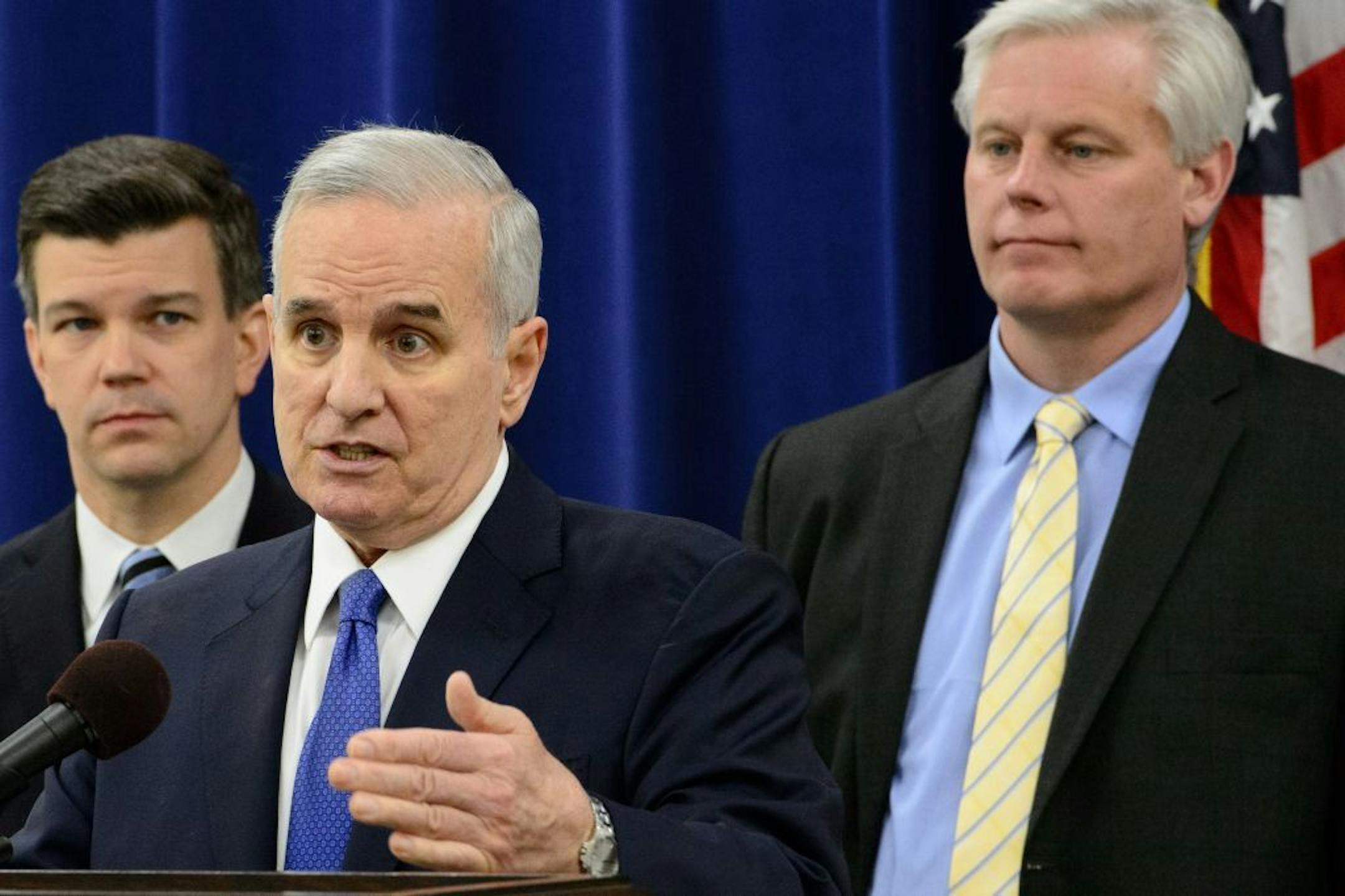 Gov. Mark Dayton joined key DFL legislators to say that he would veto a budget bill if it includes several provisions he and DFL leaders see as undermining disclosure of special interest spending on elections.
