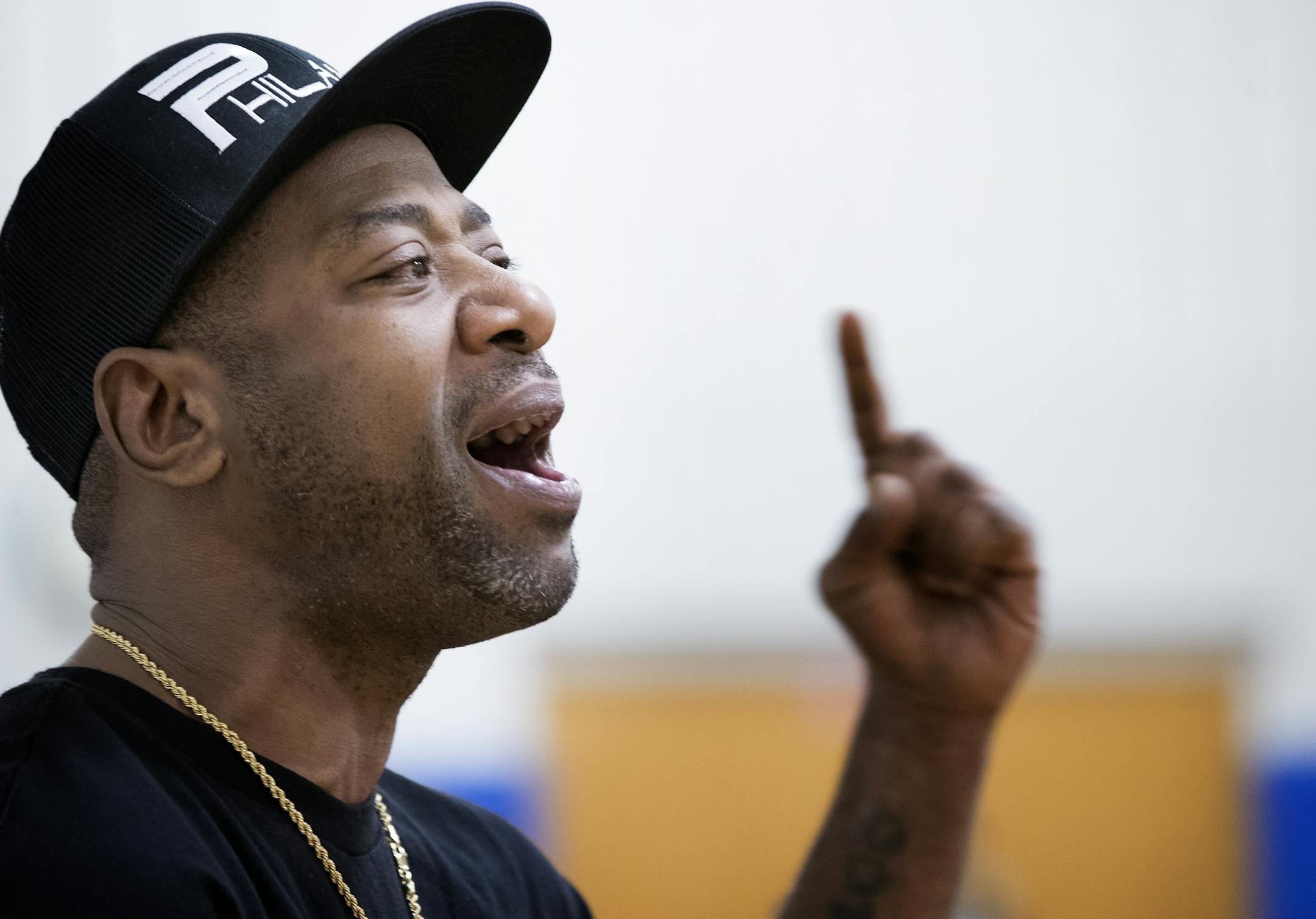 John Thompson, of St. Paul spoke during a Department of Justice listening session at Falcon Heights Elementary School on Monday night. Thompson worked with Philando Castile.
