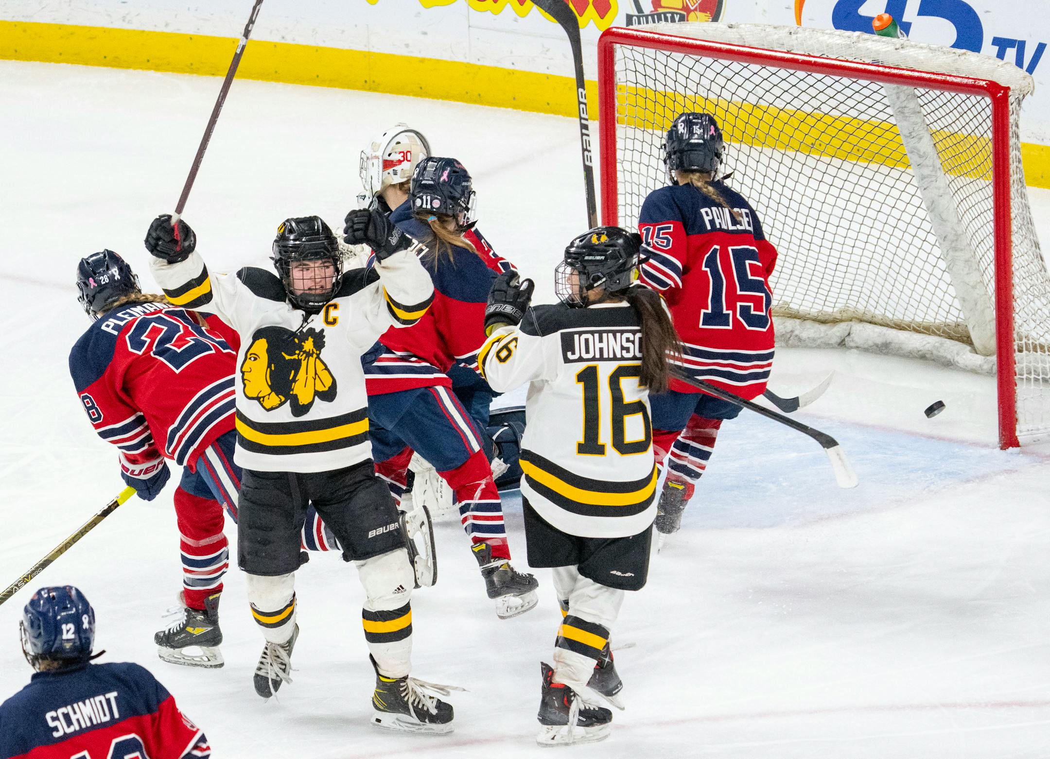 Warroad forward Talya Hendrickson (13) celebrates after scoring a goal against Orono in the second period.