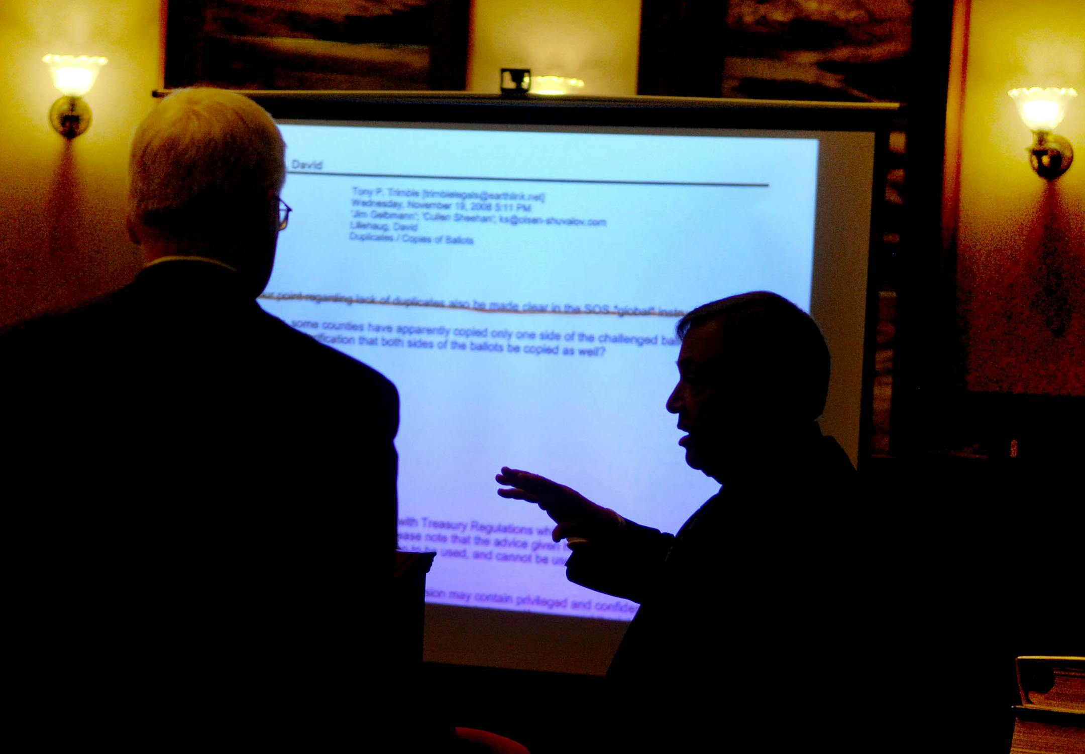 Coleman attorney Joe Friedberg objected to a exhibit document that referred to absentee ballots as Franken attorney David Lillehaug took in his argument.