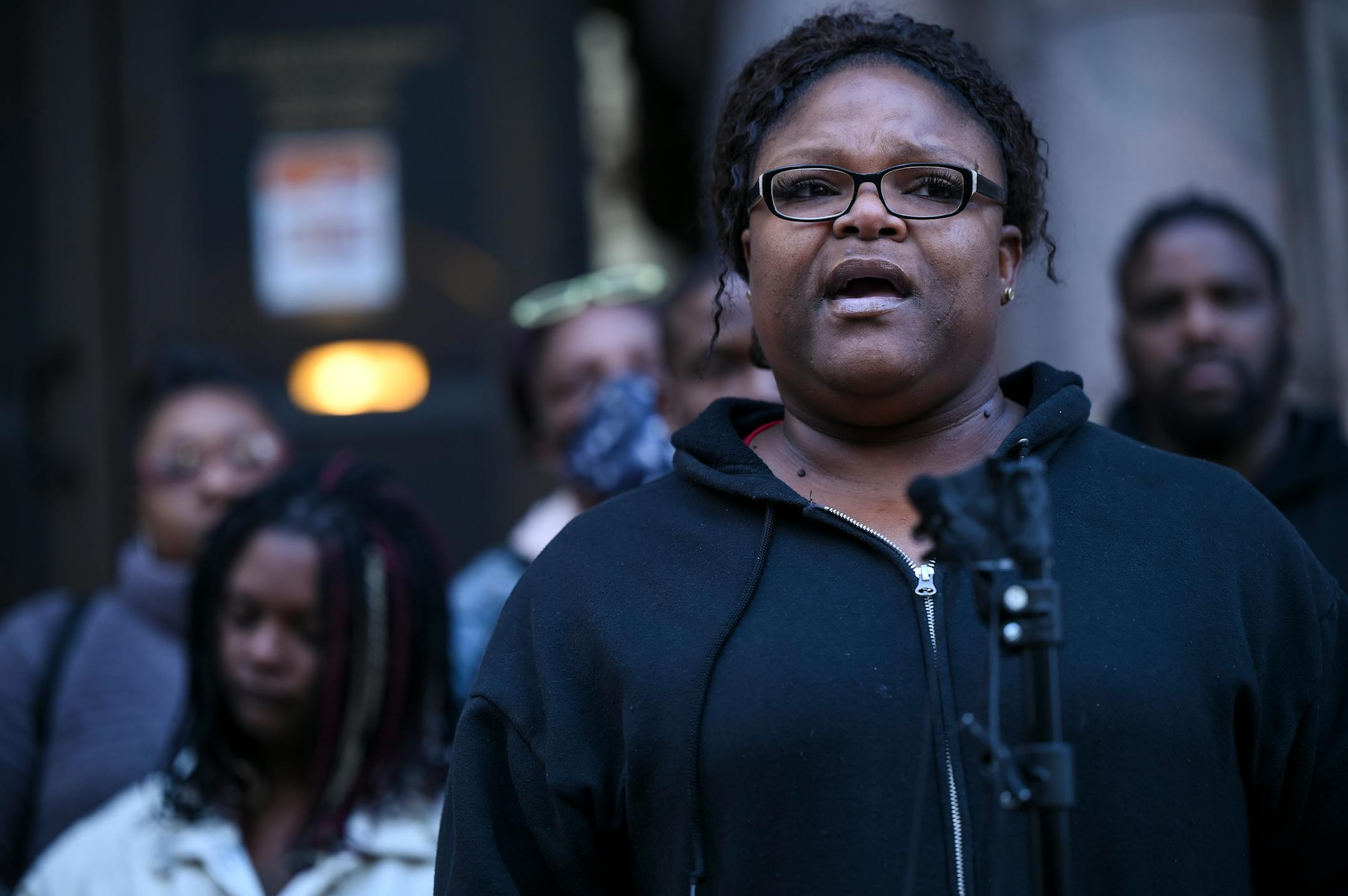 Cheryl Frazier, sister of Leneal Frazier, speaks about Leneal's death and the court appearance of Minneapolis Police officer Brian Cummings during a news conference outside Minneapolis City Hall Tuesday, Nov. 9, 2021 in Minneapolis, Minn. Minneapolis police officer Brian Cummings made his first appearance in court via zoom Tuesday for striking a vehicle and killing the driver, Leneal Frazier, during a pursuit through in July, 2021. ] AARON LAVINSKY • aaron.lavinsky@startribune.com