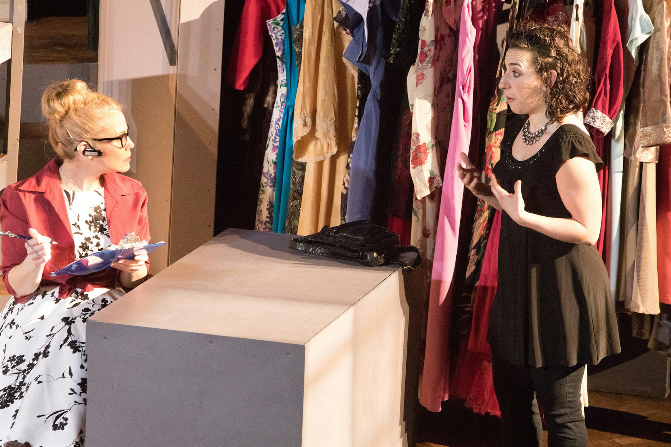 Kim Kivens as Felicity and Miriam Schwartz as her intern, Natasha, in ìNatasha and the Coatî by Deborah Stein, April 21-May 13 at Minnesota Jewish Theater Company.