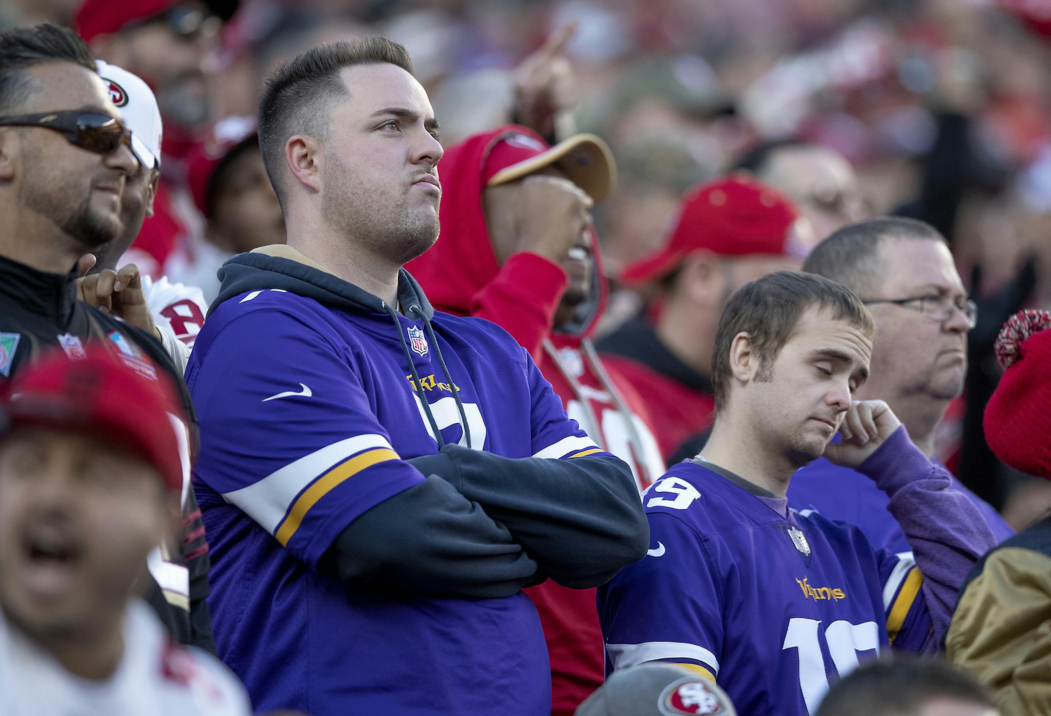 Minnesota Vikings fans showed their disappointment in the stands during the fourth quarter. ] ELIZABETH FLORES • liz.flores@startribune.com The Minnesota Vikings take on the San Francisco 49ers in a playoff game at Levi's Stadium, Saturday, January 11, 2020 in Santa Clara, CA.