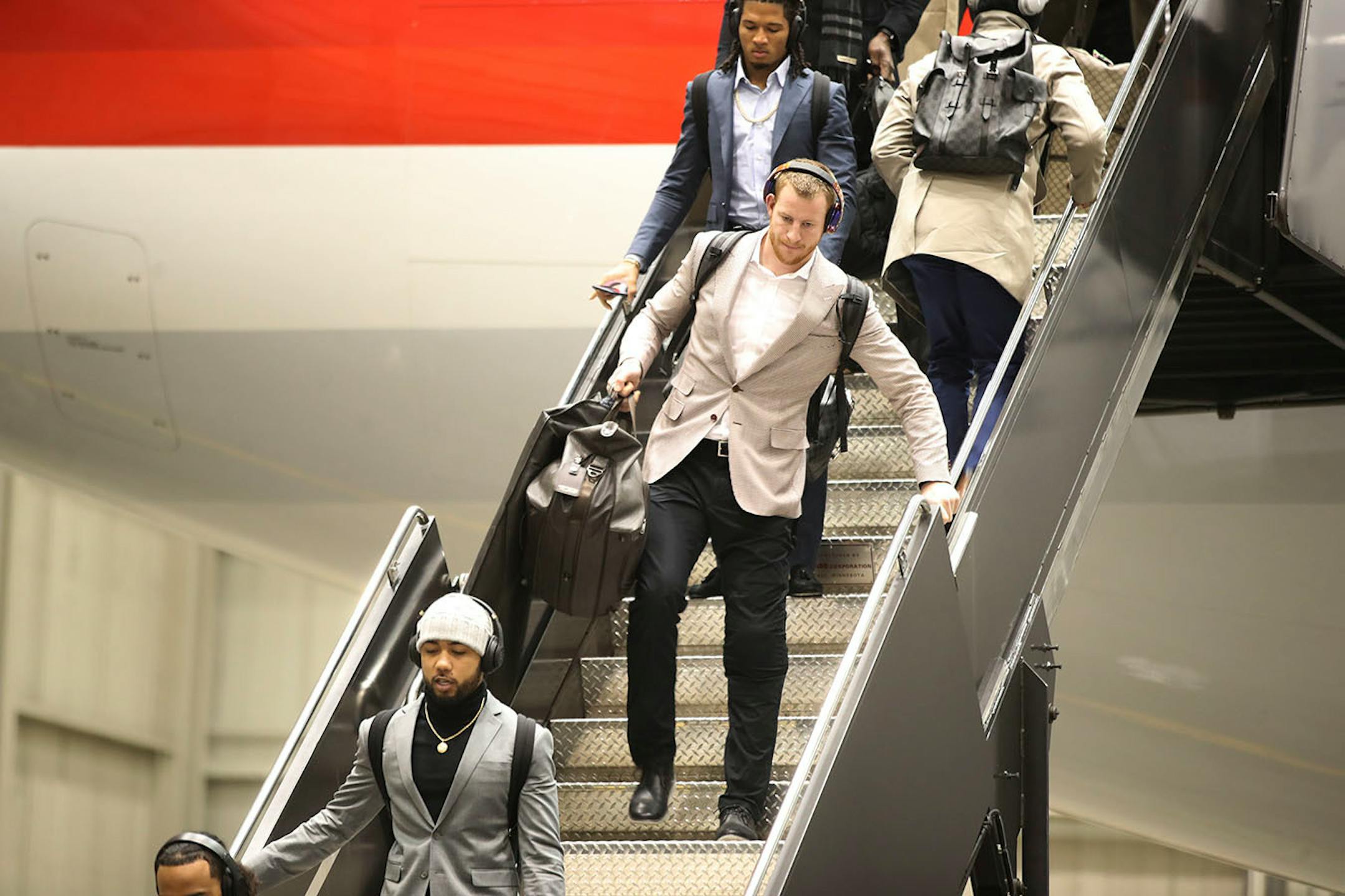 Quarterback Carson Wentz and the NFC Champions Philadelphia Eagles arrived at MSP Airport Delta Airlines Maintenance Hangars 7 & 8 Sunday January 28, 2017 in St. Paul, MN.