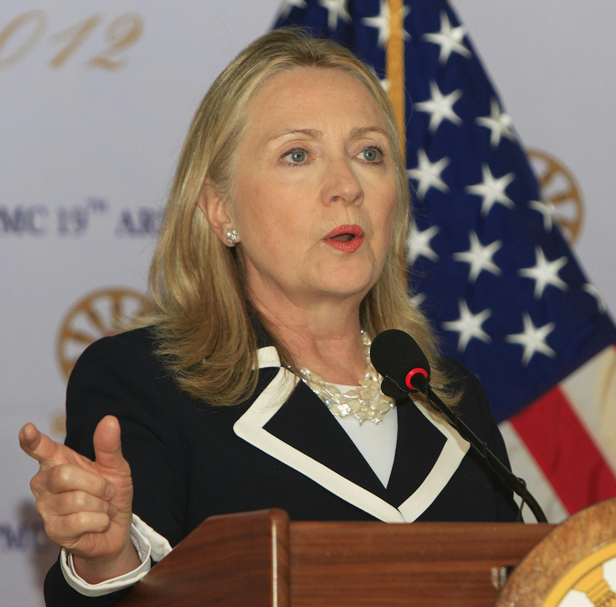 U.S. Secretary of State Hillary Rodham Clinton speaks at a press conference during the ASEAN Foreign Ministers' Meeting in Phnom Penh, Cambodia, Thursday, July 12, 2012. The Obama administration pressed Beijing on Thursday to accept a code of conduct for resolving territorial disputes in the resource-rich South China Sea, a difficult U.S. mediation effort that has faced resistance from the communist government - although it has endeared the U.S. to once-hostile countries in Southeast Asia. (AP P