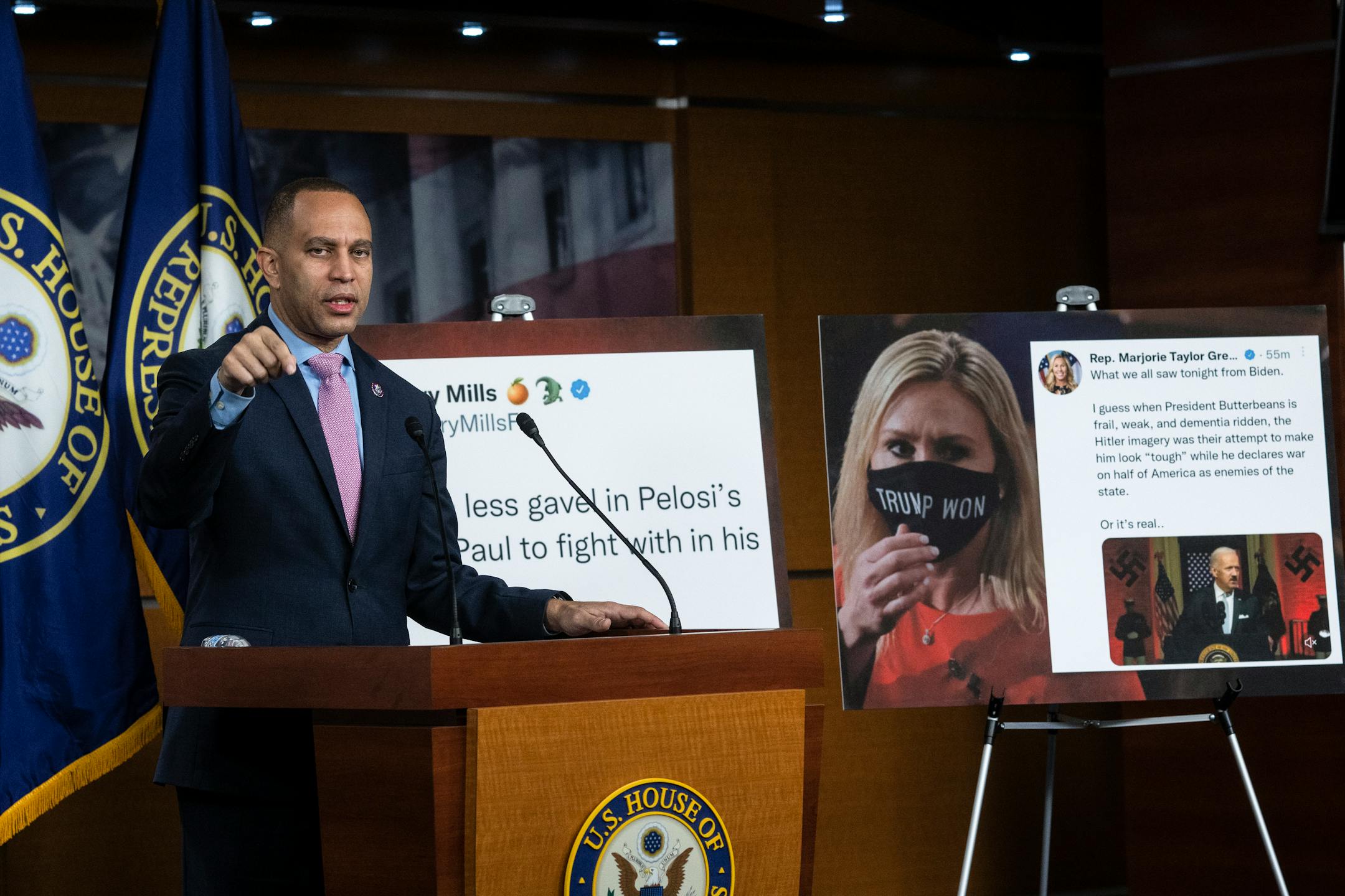 House Minority Leader Rep. Hakeem Jeffries (D-N.Y.) holds a press briefing on extremism among House Republicans following the House vote to oust Rep. Ilhan Omar (D-Minn.) from the House Foreign Affairs Committee, in Washington on Thursday, Feb. 2, 2023. (Haiyun Jiang/The New York Times)