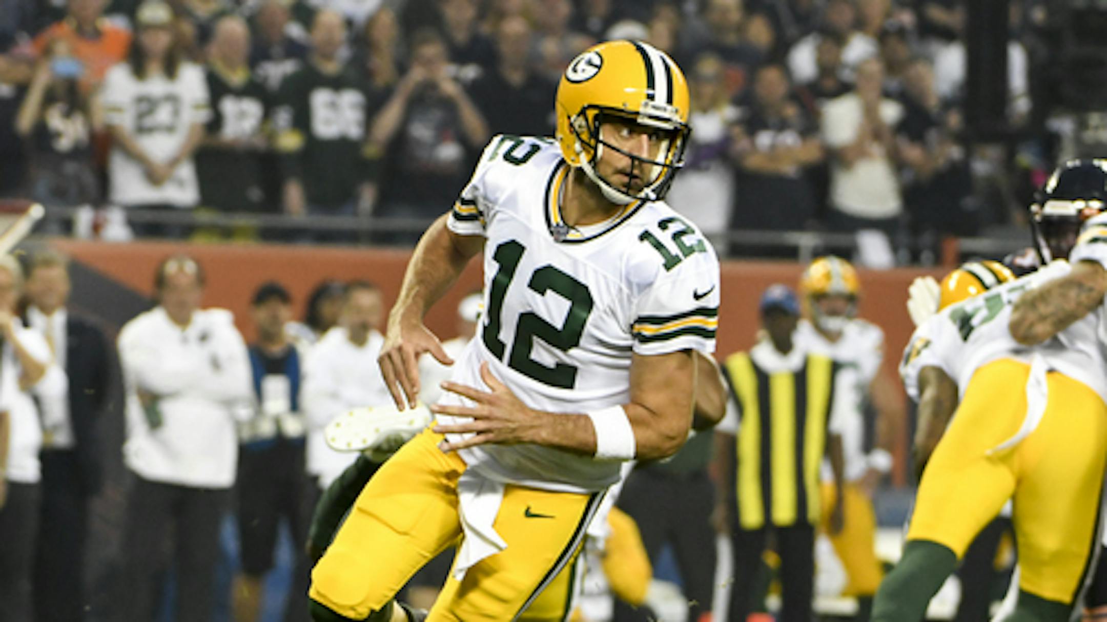 Green Bay Packers' Aaron Rodgers during the first half of an NFL football game against the Chicago Bears Thursday, Sept. 5, 2019, in Chicago. (AP Photo/David Banks)
