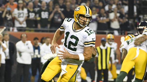 Green Bay Packers' Aaron Rodgers during the first half of an NFL football game against the Chicago Bears Thursday, Sept. 5, 2019, in Chicago. (AP Phot