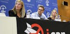 Beatrice Fihn, left, Executive Director of the International campaign to abolish Nuclear Weapons, ICAN, Daniel Hogsta, center, coordinator of the Inte