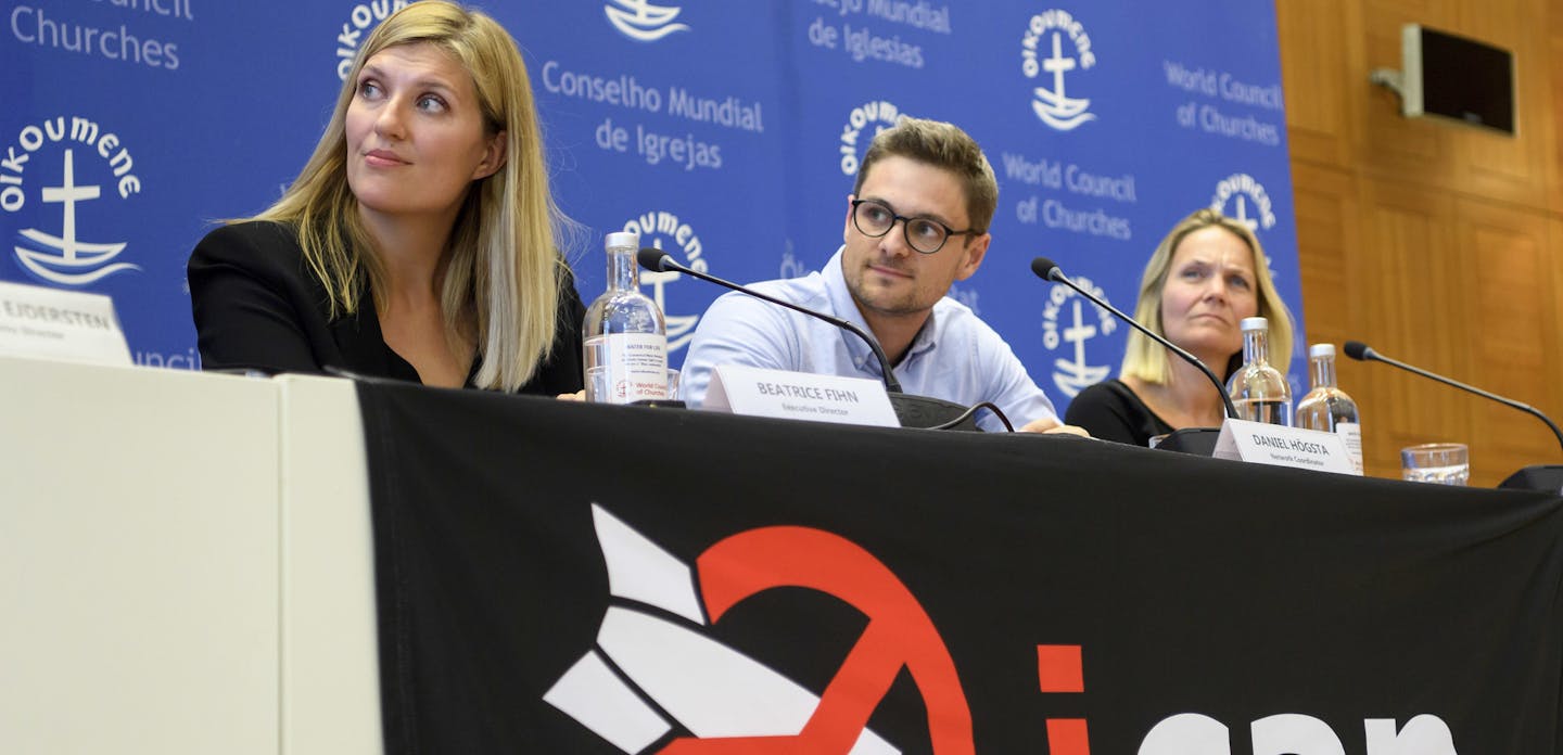 Beatrice Fihn, left, Executive Director of the International campaign to abolish Nuclear Weapons, ICAN, Daniel Hogsta, center, coordinator of the International campaign to abolish Nuclear Weapons, ICAN, and Grethe Ostern, right, member of the steering committee, speaks during a press conference, at the headquarters of the International campaign to abolish Nuclear Weapons, ICAN, in Geneva, Switzerland, on Friday, Oct. 6, 2017. ICAN is the winner of this year's Nobel Peace Prize. The Norwegian Nob