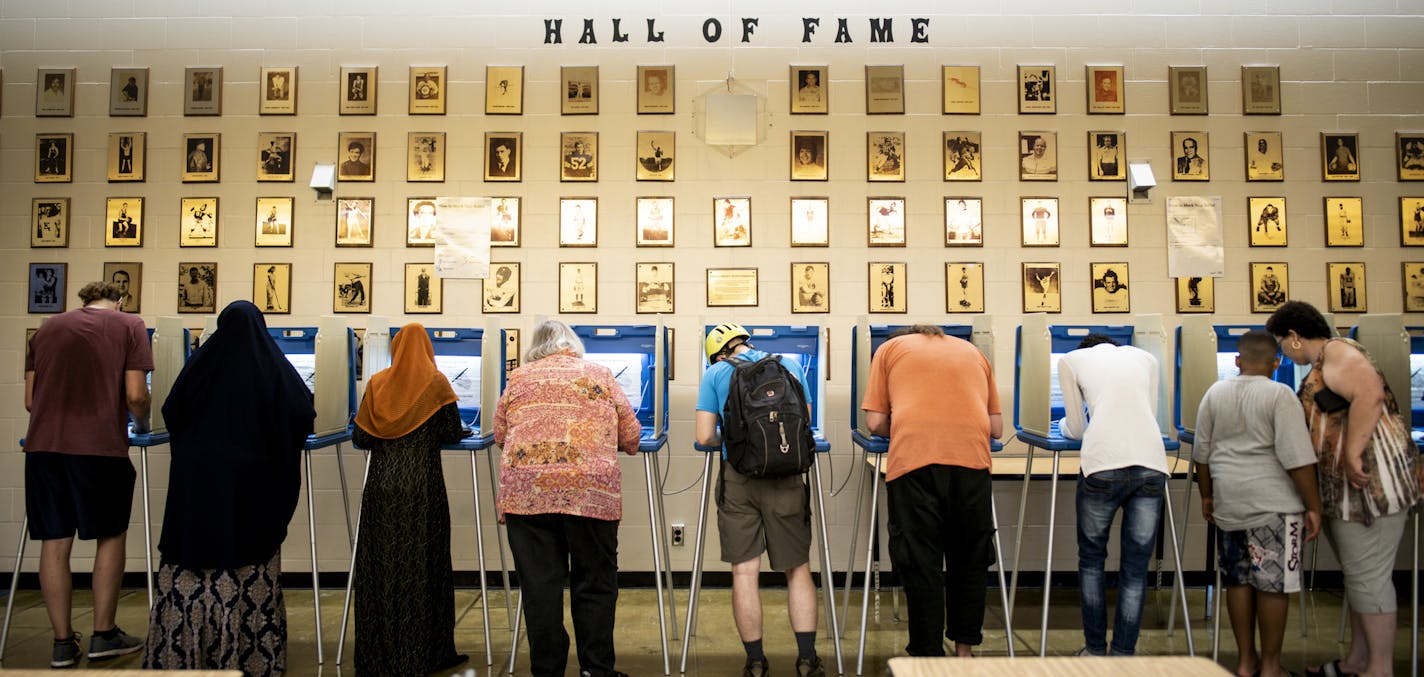 The voting booths of Edison High School in northeast Minneapolis were full at one point during an evening rush Tuesday night. ] AARON LAVINSKY &#xa5; aaron.lavinsky@startribune.com Primary elections were held Tuesday, August 14, 2018 in Minneapolis, Minn. We photograph DFL gubernatorial candidate Lori Swanson at her primary night party at Jax Cafe in Minneapolis.