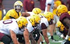 Quarterback Demry Croft ran drills during the Gophers football practice at Gibson-Nagurski Football Complex, Friday, August 4, 2017 in Minneapolis, MN