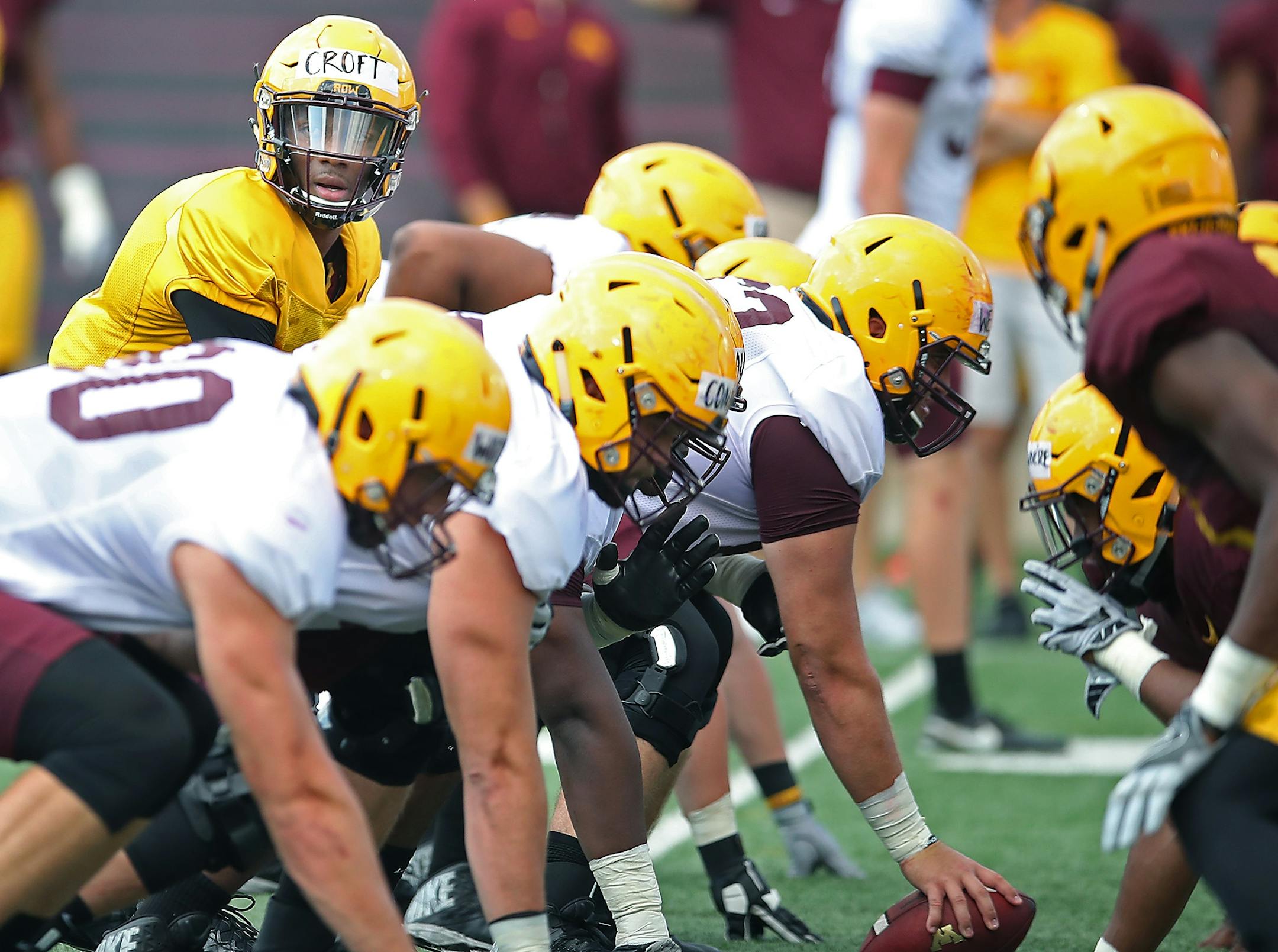 Quarterback Demry Croft ran drills during the Gophers football practice at Gibson-Nagurski Football Complex, Friday, August 4, 2017 in Minneapolis, MN.