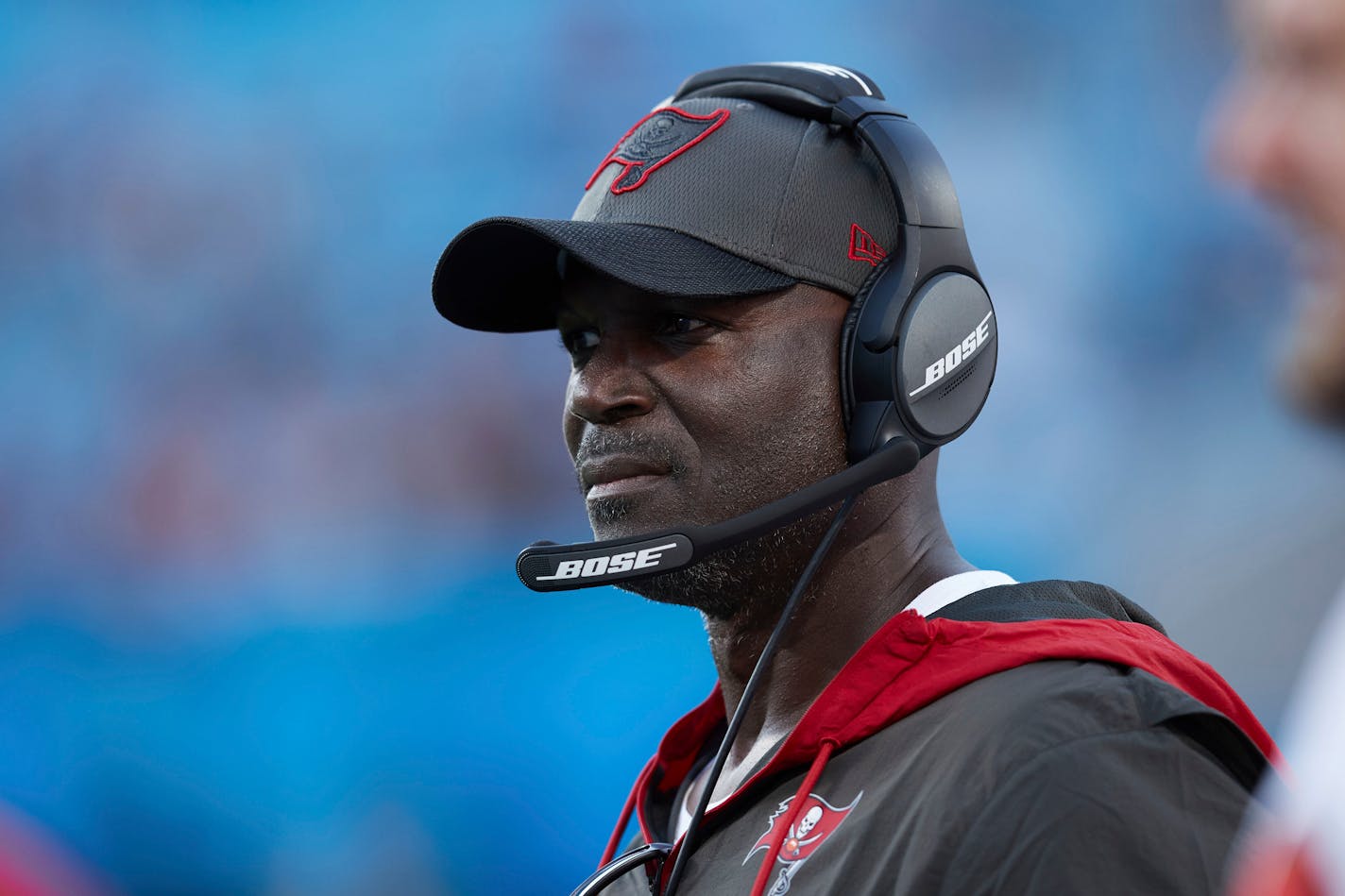 Tampa Bay Buccaneers defensive coordinator Todd Bowles watches from the sideline during an NFL football game against the Carolina Panthers, Sunday, Dec. 26, 2021, in Charlotte, N.C. (AP Photo/Brian Westerholt)