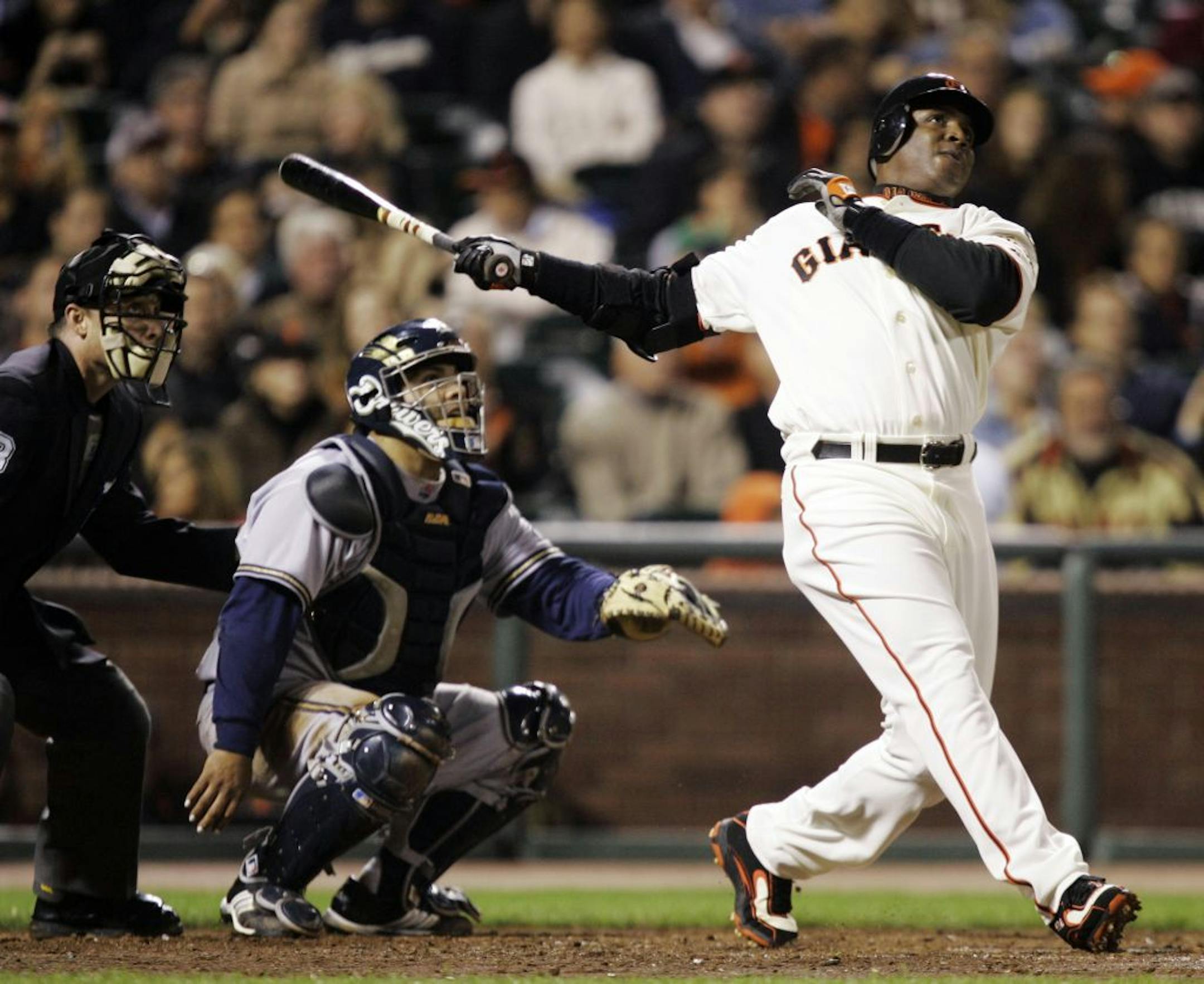 FILE - In this Aug. 24, 2007 file photo, San Francisco Giants' Barry Bonds hits his 761st career home run.