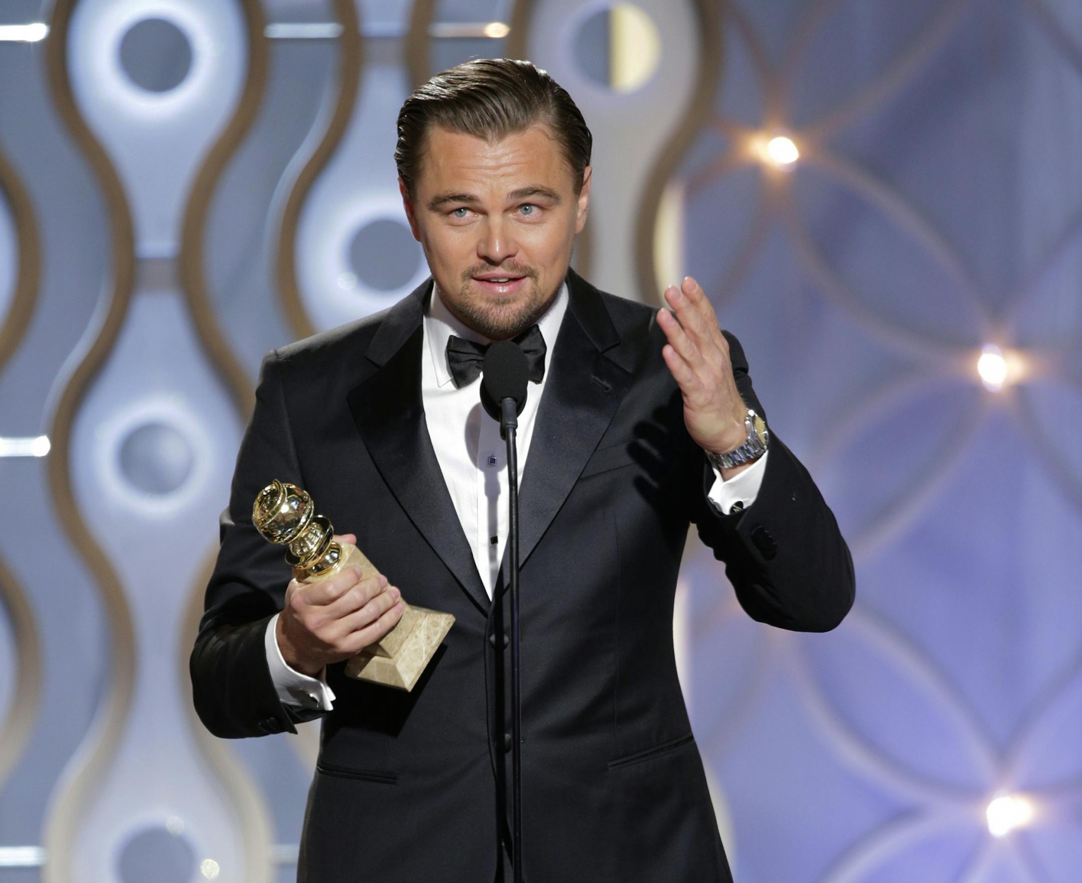 This image released by NBC shows Leonardo DiCaprio accepting the award for best actor in a motion picture comedy for his role in "The Wolf of Wall Street" during the 71st annual Golden Globe Awards at the Beverly Hilton Hotel on Sunday, Jan. 12, 2014, in Beverly Hills, Calif.