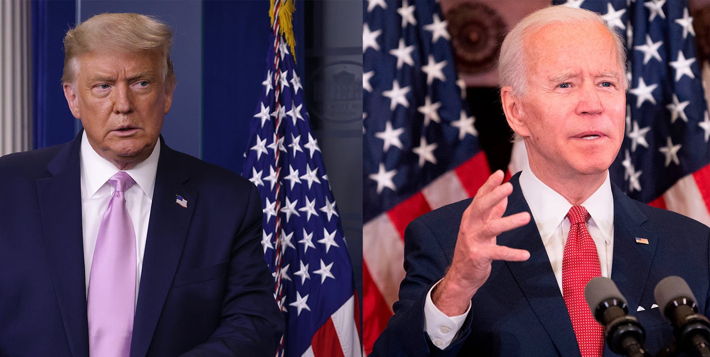 In this photo combination: President Donald Trump, left, speaks during a news conference in the briefing room of the White House; and Democratic presidential candidate, and former Vice President, Joe Biden speaks about the unrest across the country from Philadelphia City Hall. (From left:Alex Wong/Jim Watson AFP/Getty Images/TNS) (Editors note: this is two combined, cropped photos from Getty Images) ORG XMIT: 1774229